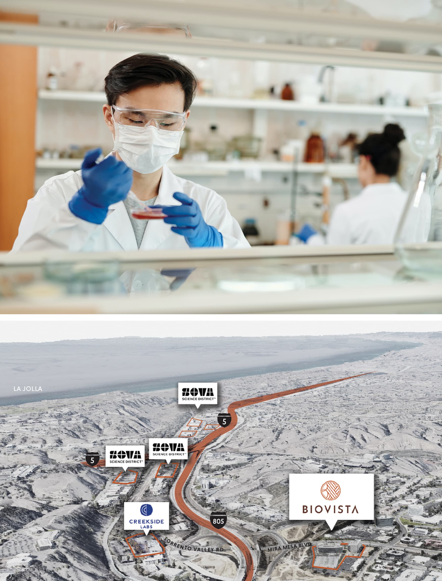 Image of young scientist in the lab with a petri dish. Second image of illustration of location of BioVista  on map and proximity to other Life and Science centers in the area.