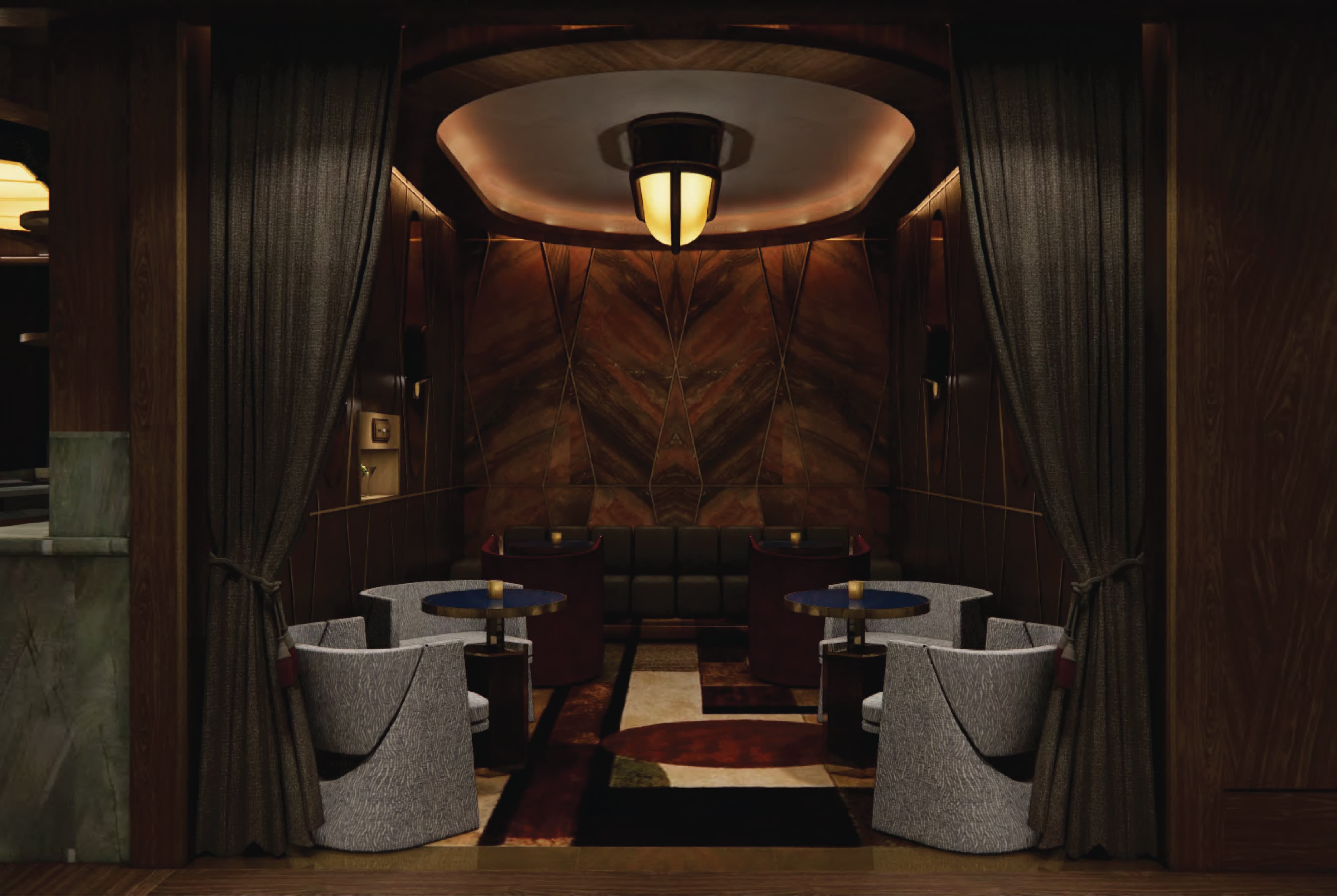 Architectural rendering of CW Prime luxury private dining alcove featuring bookmatched wood veneer wall panels, draped curtain entry, custom patterned flooring, and warm ambient lighting — RSM Design branding and visual identity, experiential placemaking, and branded environments for hospitality and food and beverage destinations.