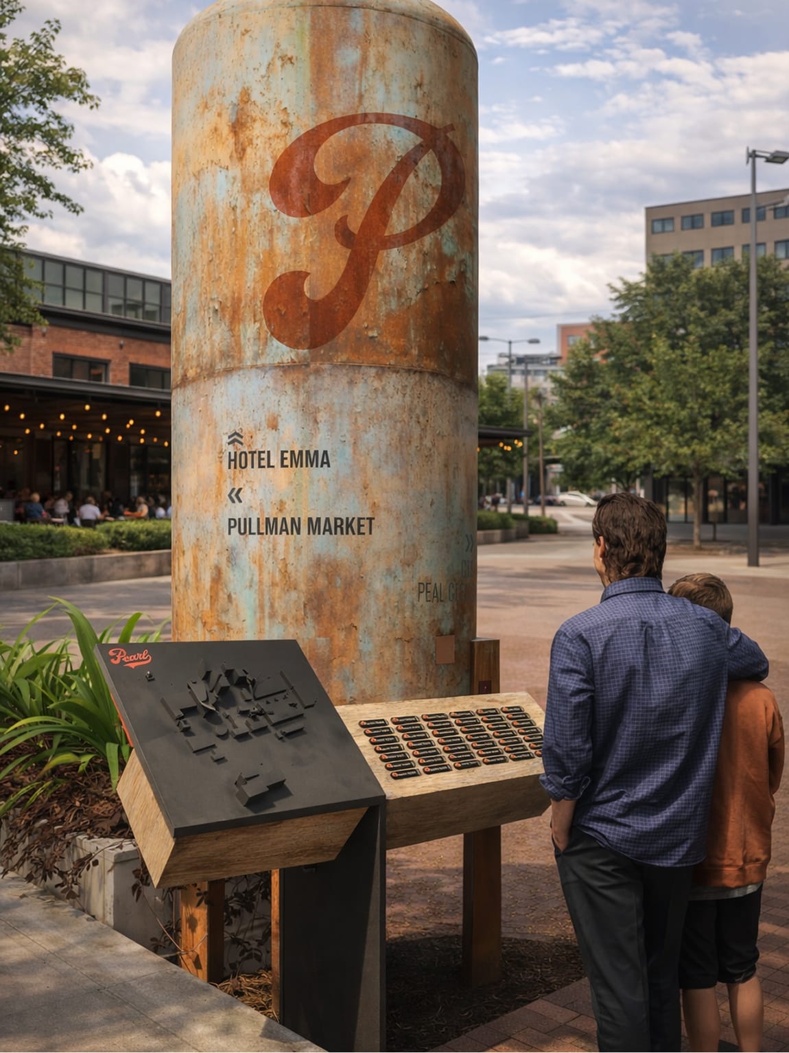 Pearl District wayfinding and directory installation in San Antonio featuring a rusted industrial tank with iconic “P” branding, directional signage to Hotel Emma and Pullman Market, and an interactive site map integrated into the pedestrian plaza.