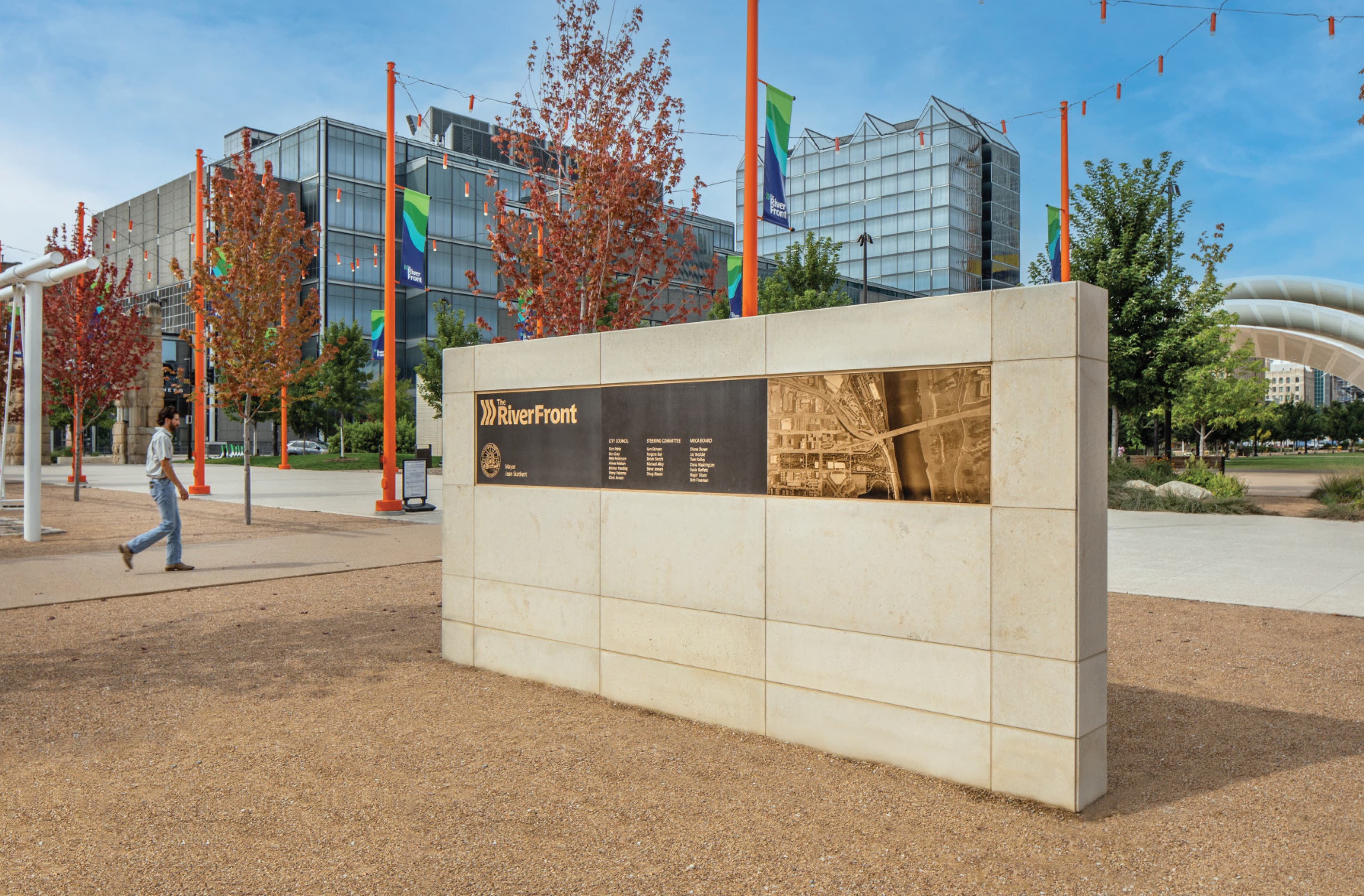 Image of the RiverFront wall signage with history and donor recognition. 