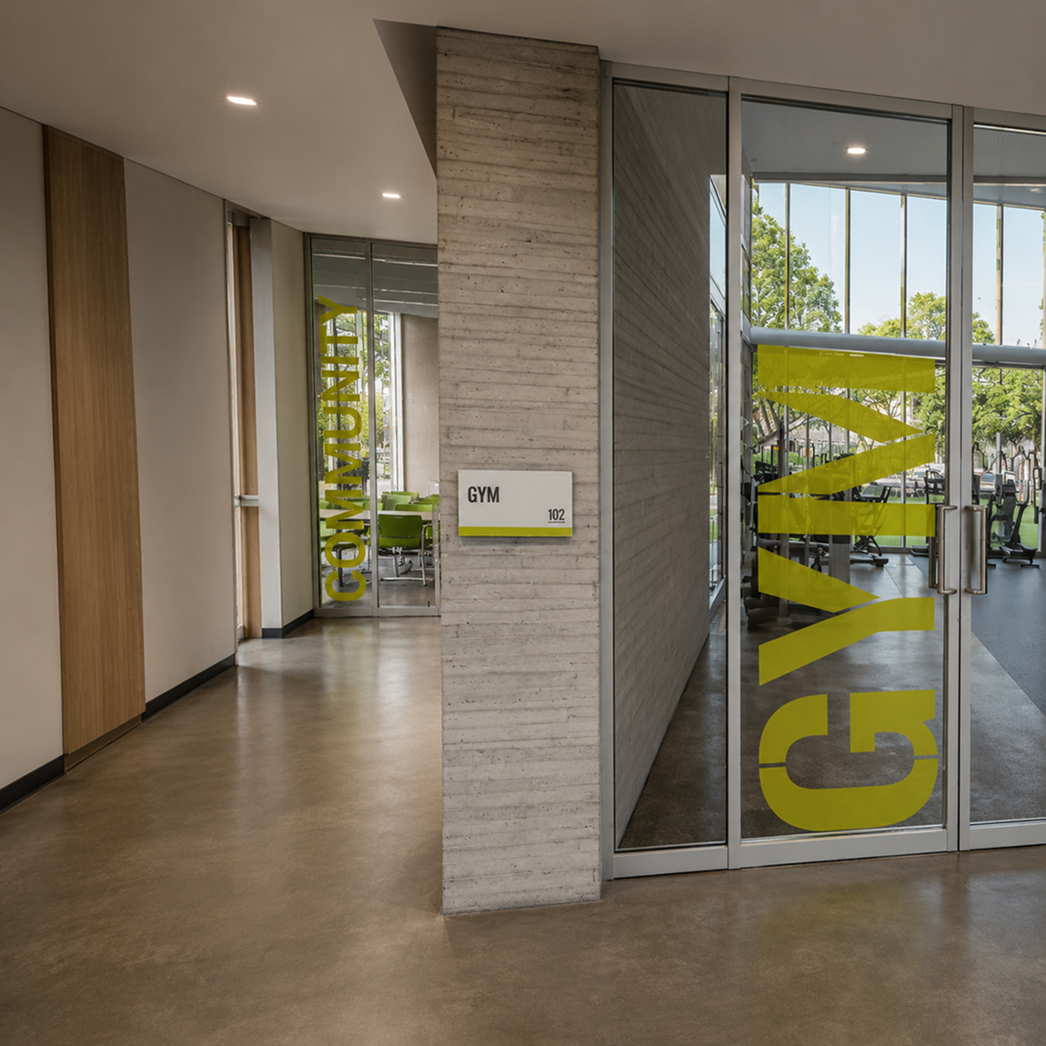 Hallway with glass doors reading 'Community' and 'Gym' in large yellow-green vinyl lettering, a room sign for 'Gym 102,' and a view into a fitness room with exercise equipment and floor-to-ceiling windows.