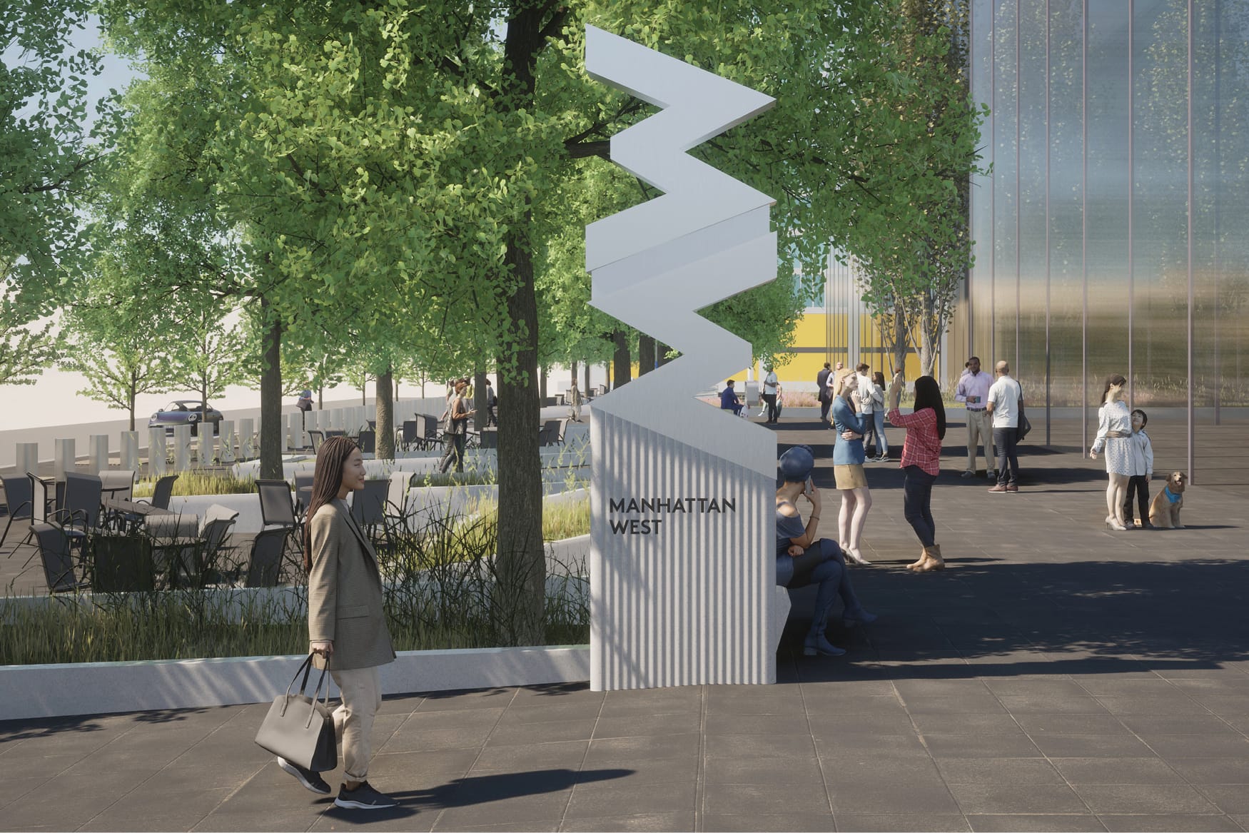 Sculptural zigzag "MW" monument marking the Manhattan West plaza, rendering with pedestrians and seating - environmental graphic design by RSM Design