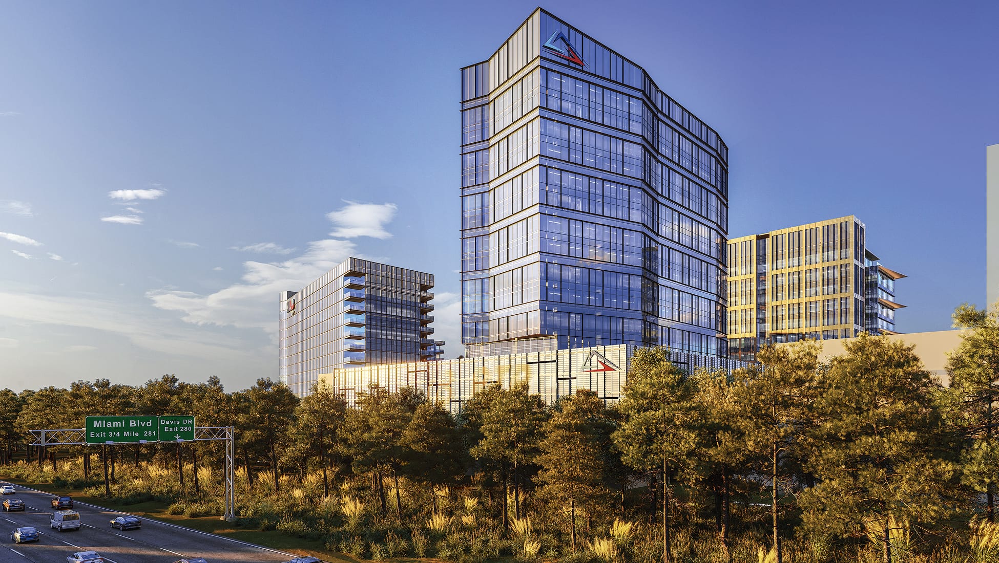 RSM Design master planned mixed-use development at Research Triangle Park, Durham NC — modern glass office towers and residential buildings along I-40 near Miami Blvd and Davis Drive
