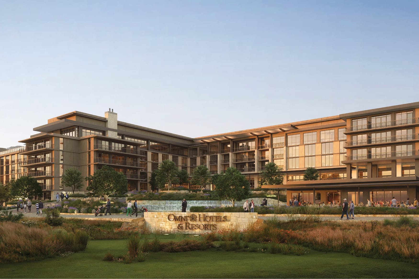 Architectural rendering of Omni Hotels & Resorts exterior with stone entrance sign, water feature, and landscaped grounds at dusk