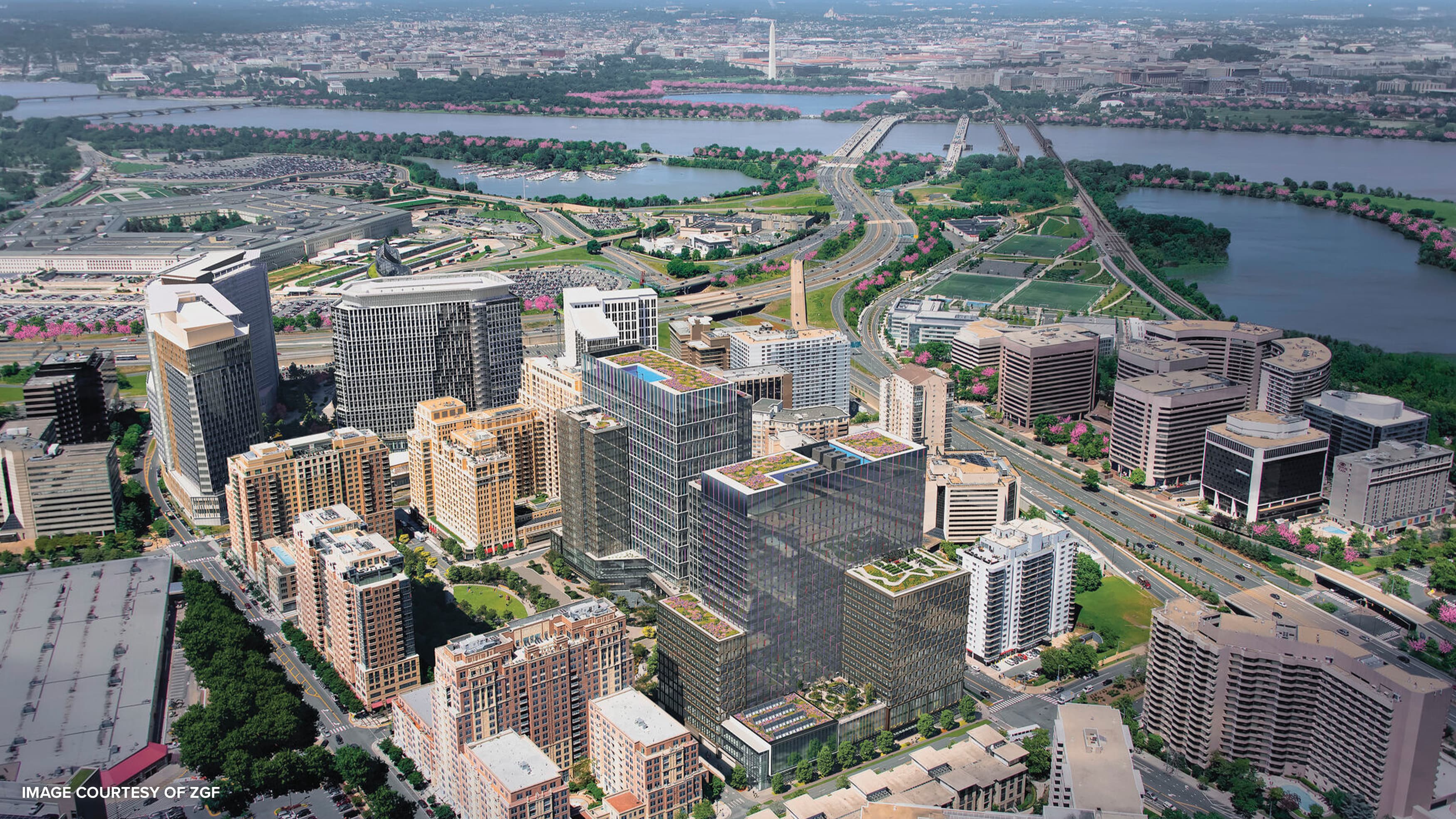 Rendering of National Landing project site overhead with neighboring areas in the background