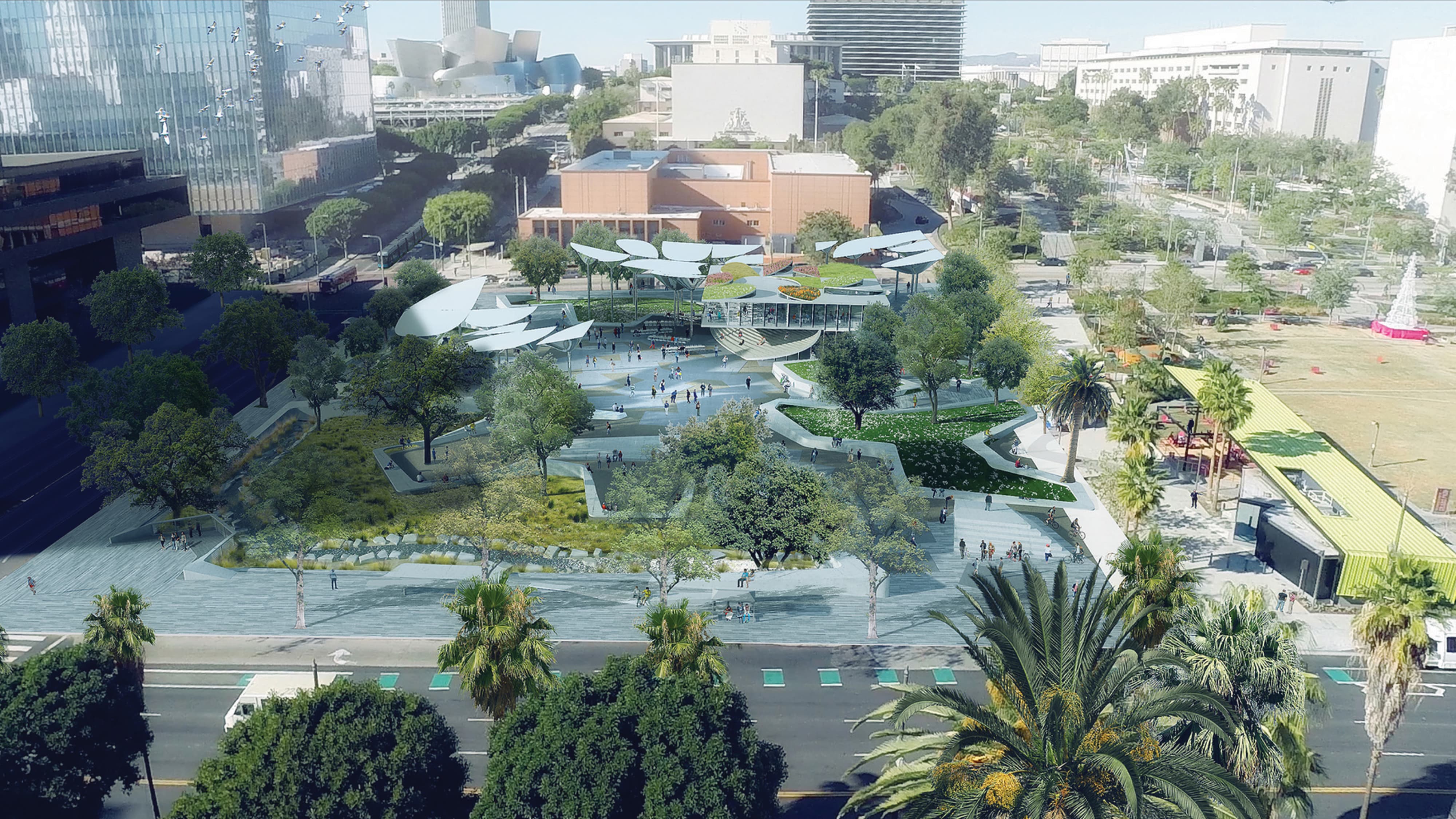 Aerial daytime rendering of Grand Park Los Angeles civic master plan featuring sculptural petal canopy structures, activated pedestrian plazas, winding pathways through mature palm and tree canopy, green roof pavilion, transit-accessible streetscape, and Walt Disney Concert Hall visible in the downtown Los Angeles skyline — RSM Design experiential placemaking, environmental graphic design, art programs, wayfinding and signage design, and specialty graphics for civic, park, cultural, mixed-use, transit, and streetscape destinations.