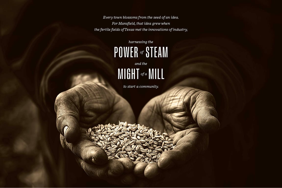 Staybolt Street brand story graphic referencing Mansfield, Texas mill history with power of steam and might of a mill typography — branding by RSM Design