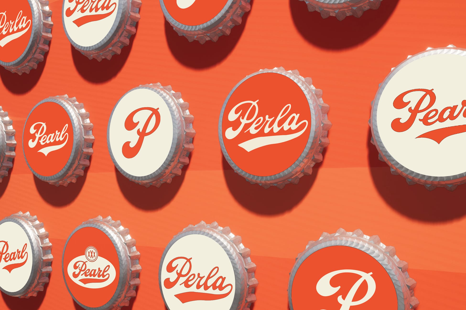 Graphic pattern of vintage Pearl beer bottle caps in red and white, featuring retro typography and brand iconography inspired by the historic Pearl Brewery identity in San Antonio.