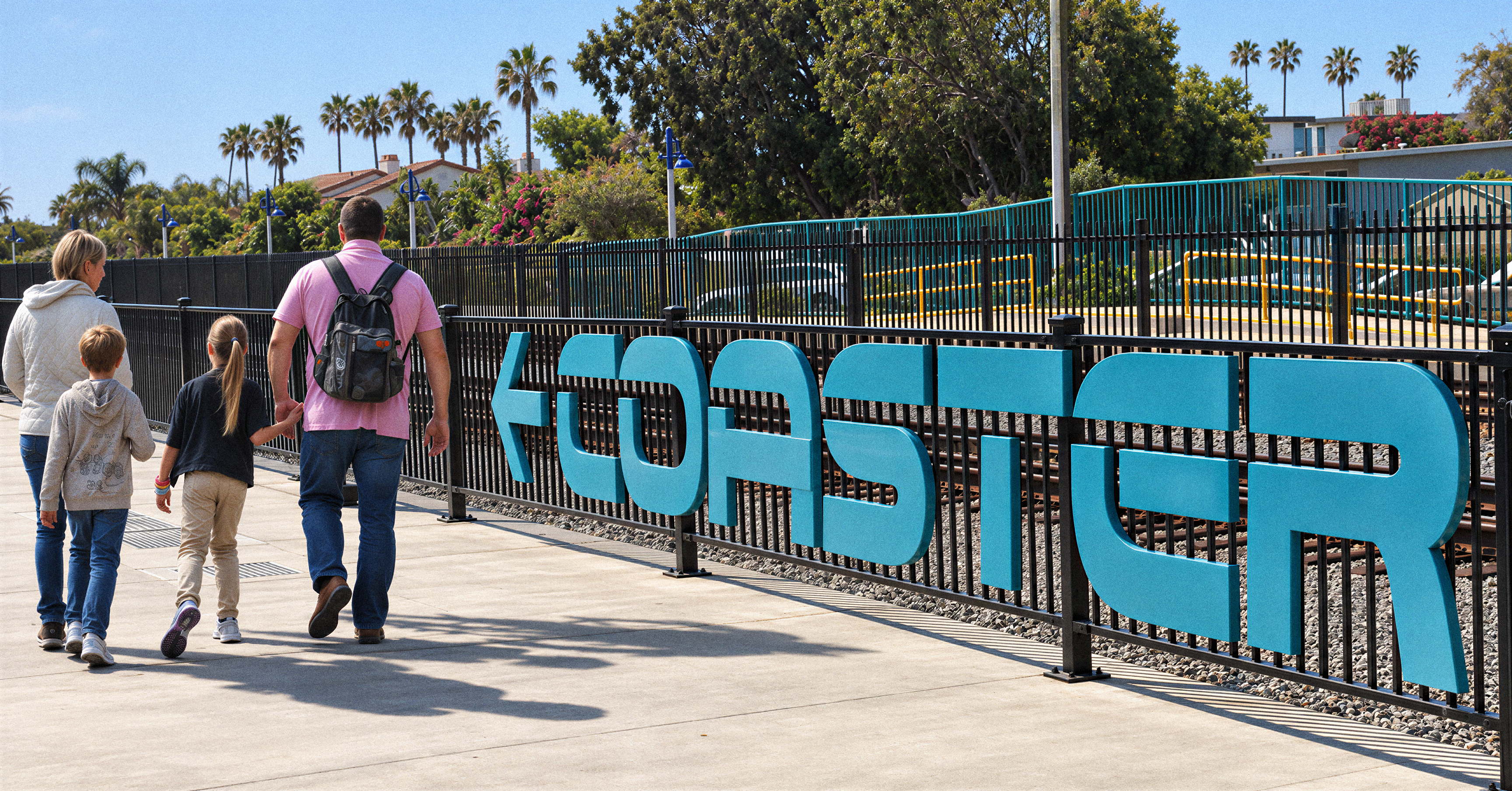 Rendering of a family walking along a train platform past a large teal 'Coaster' logo with a left-pointing arrow mounted on a black metal fence, with railroad tracks, warning signs, and palm trees in the background.