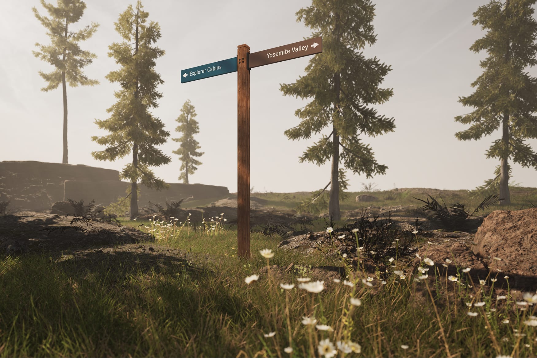 Tenaya at Yosemite directional wayfinding signage pointing toward Explorer Cabins and Yosemite Valley, set in a sun-lit meadow with pine trees and wildflowers
