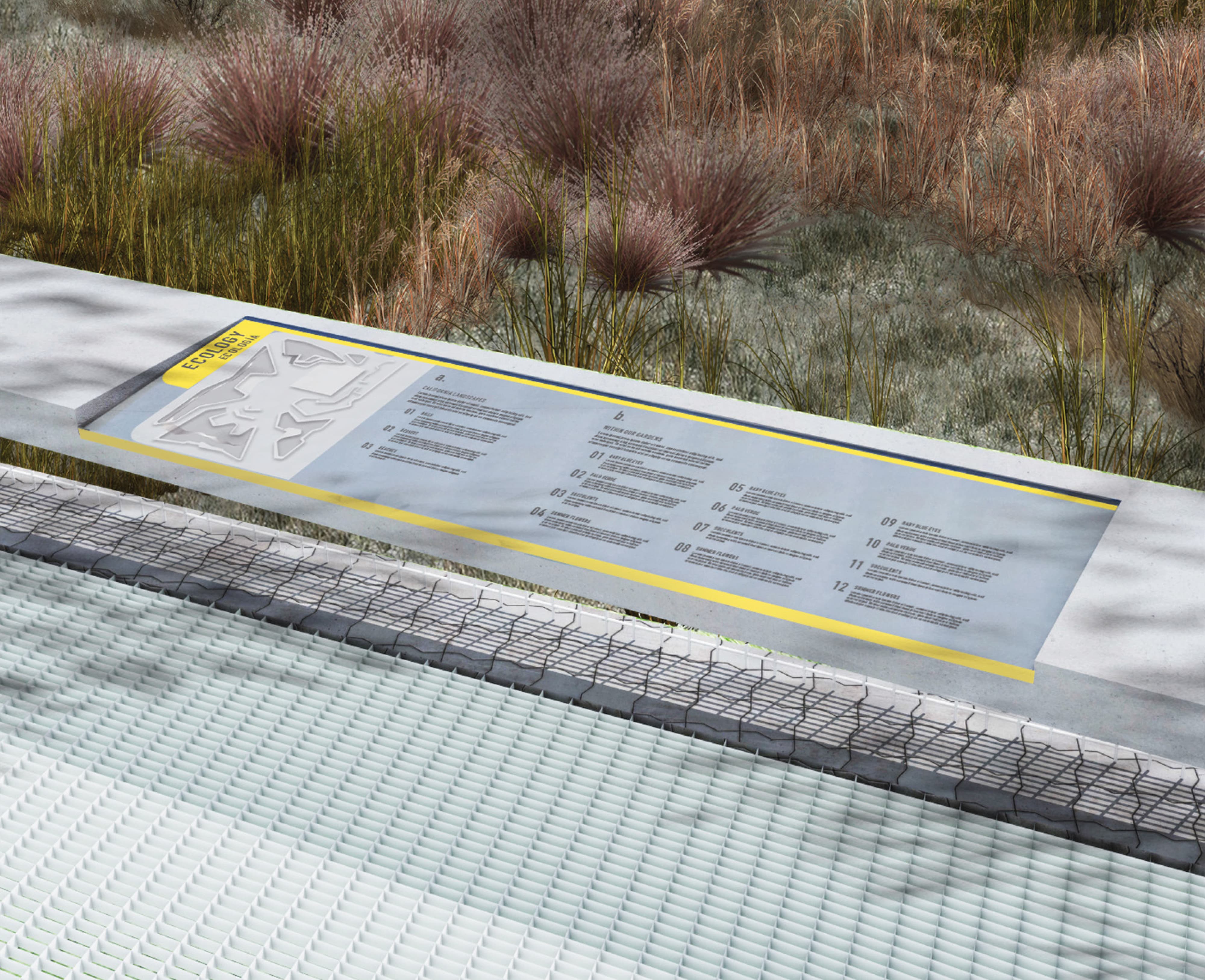 Architectural rendering of a horizontal interpretive ecology educational panel embedded into a concrete ledge at Grand Park Los Angeles, with California native plant identification graphics, tactile relief illustration, and yellow accent typography amid native ornamental grasses — RSM Design specialty graphics, experiential graphics, environmental graphic design, placemaking, and branded environments for civic, park, cultural, and streetscape destinations.