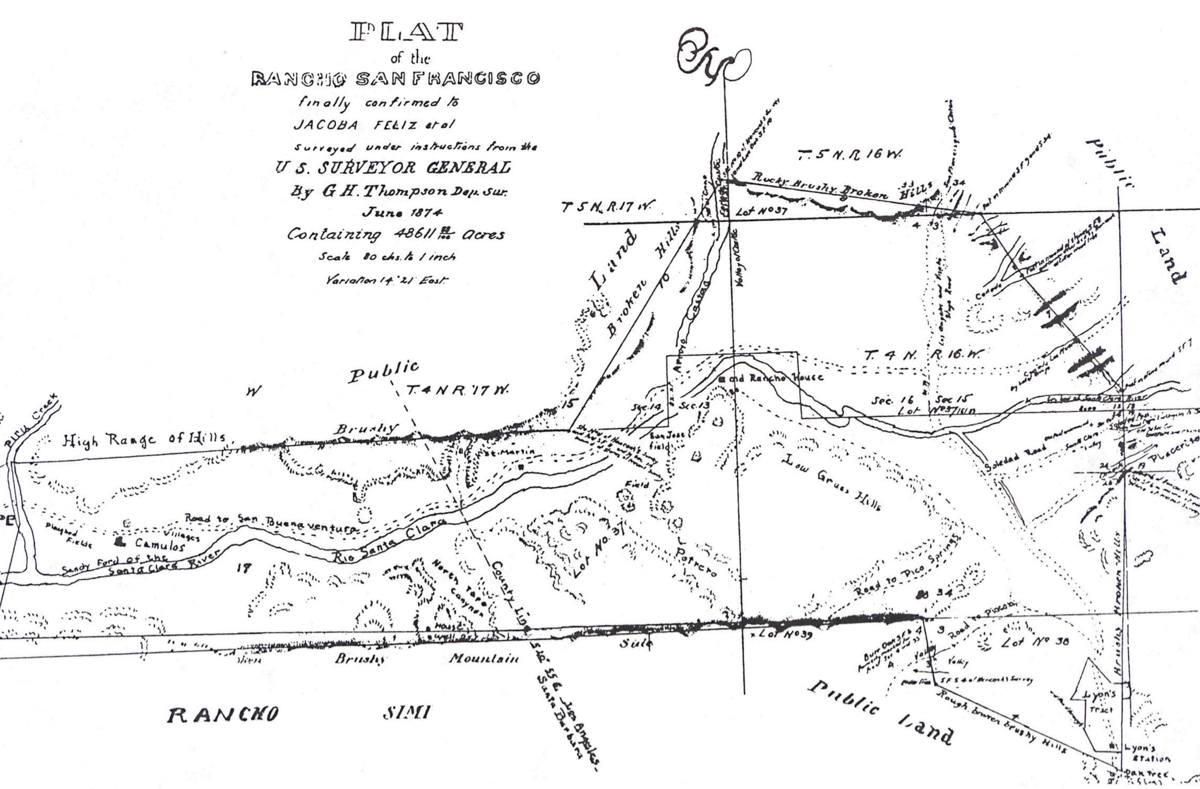 Historic hand-drawn survey plat titled 'Plat of the Rancho San Francisco, finally confirmed to Jacoba Feliz et al,' surveyed by G. H. Thompson in June 1874, showing land boundaries, hills, rivers, roads, and township grid lines totaling 48,611 acres.