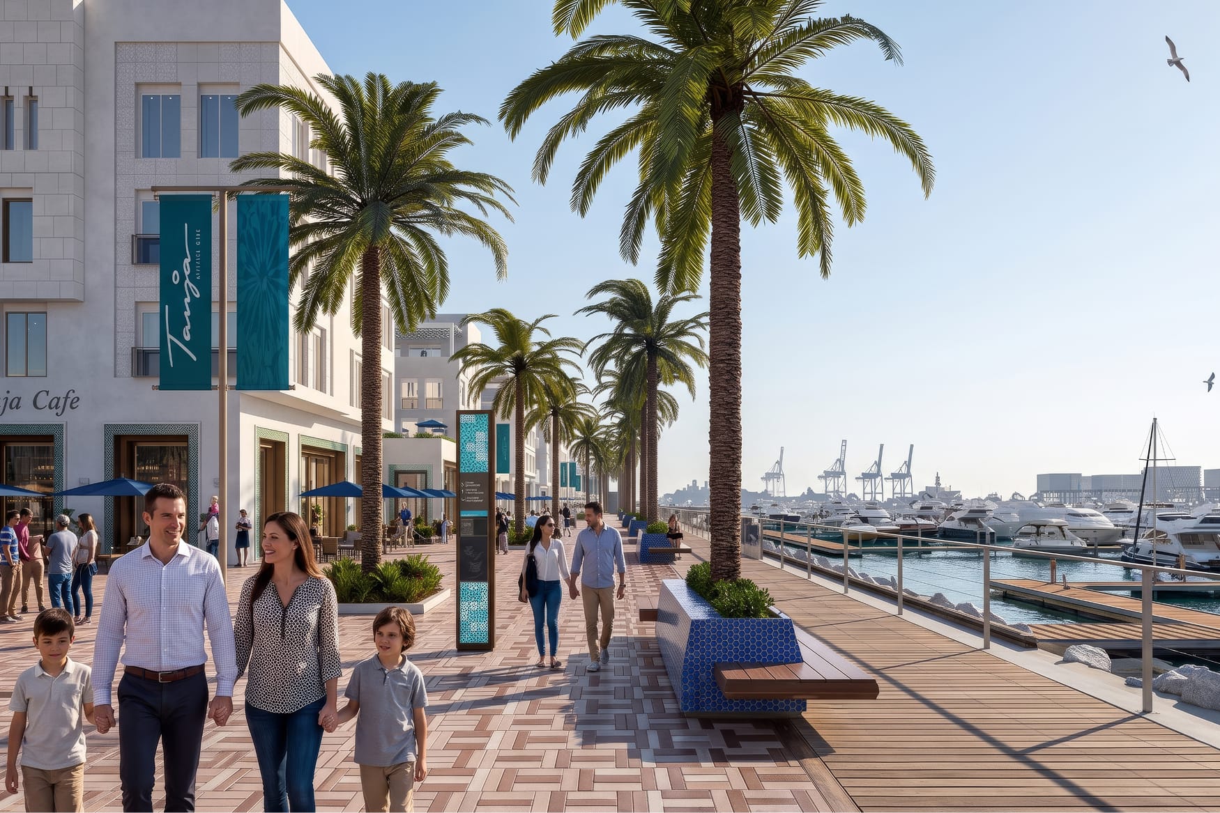 Rendering of a waterfront promenade lined with palm trees, featuring 'Tanja Cafe' storefront signage, a wayfinding pylon, blue-tiled built-in benches, and pedestrians walking past a marina filled with yachts and shipping cranes in the background.