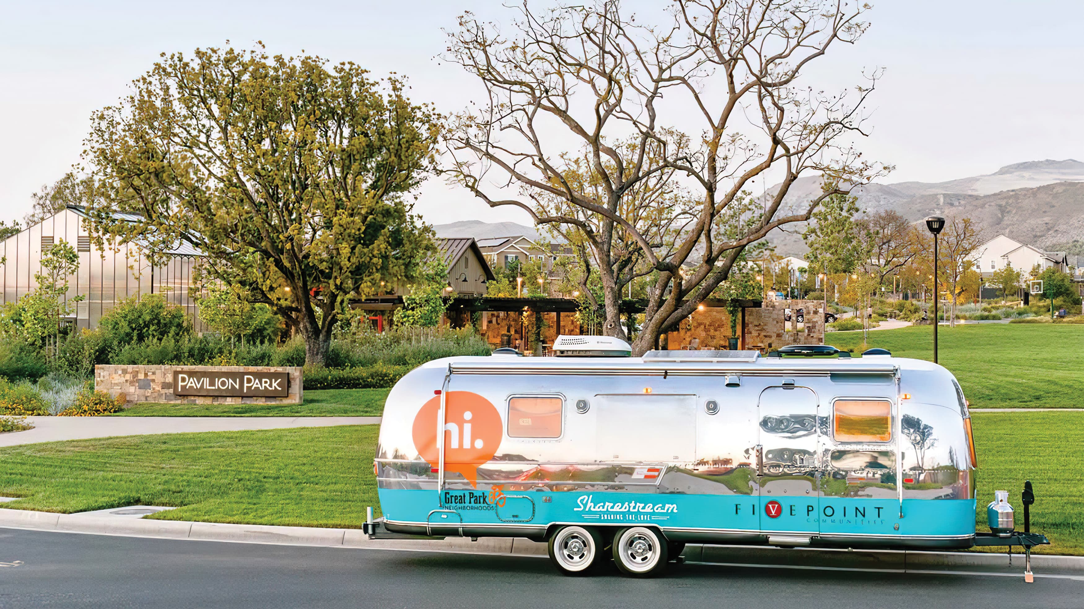 Retro Airstream with FivePoint Communities and Great Park Neighborhoods branding decals.
