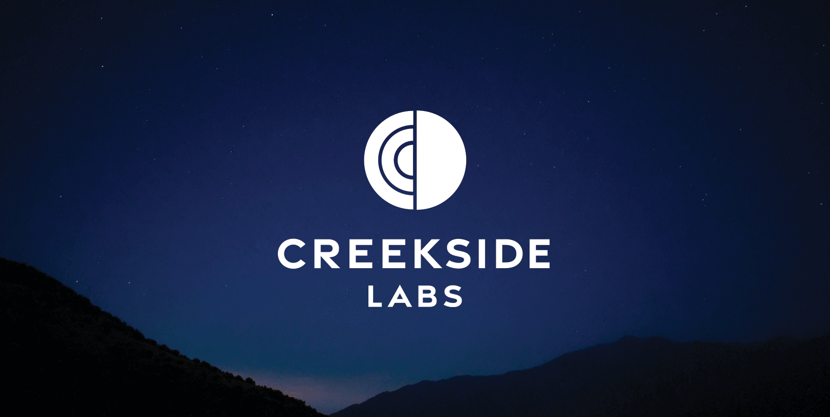 Animated GIF featuring the Creekside Labs logo over a night sky landscape, highlighting brand strategy, visual identity design, and environmental graphic design for a corporate workplace and life sciences innovation campus.