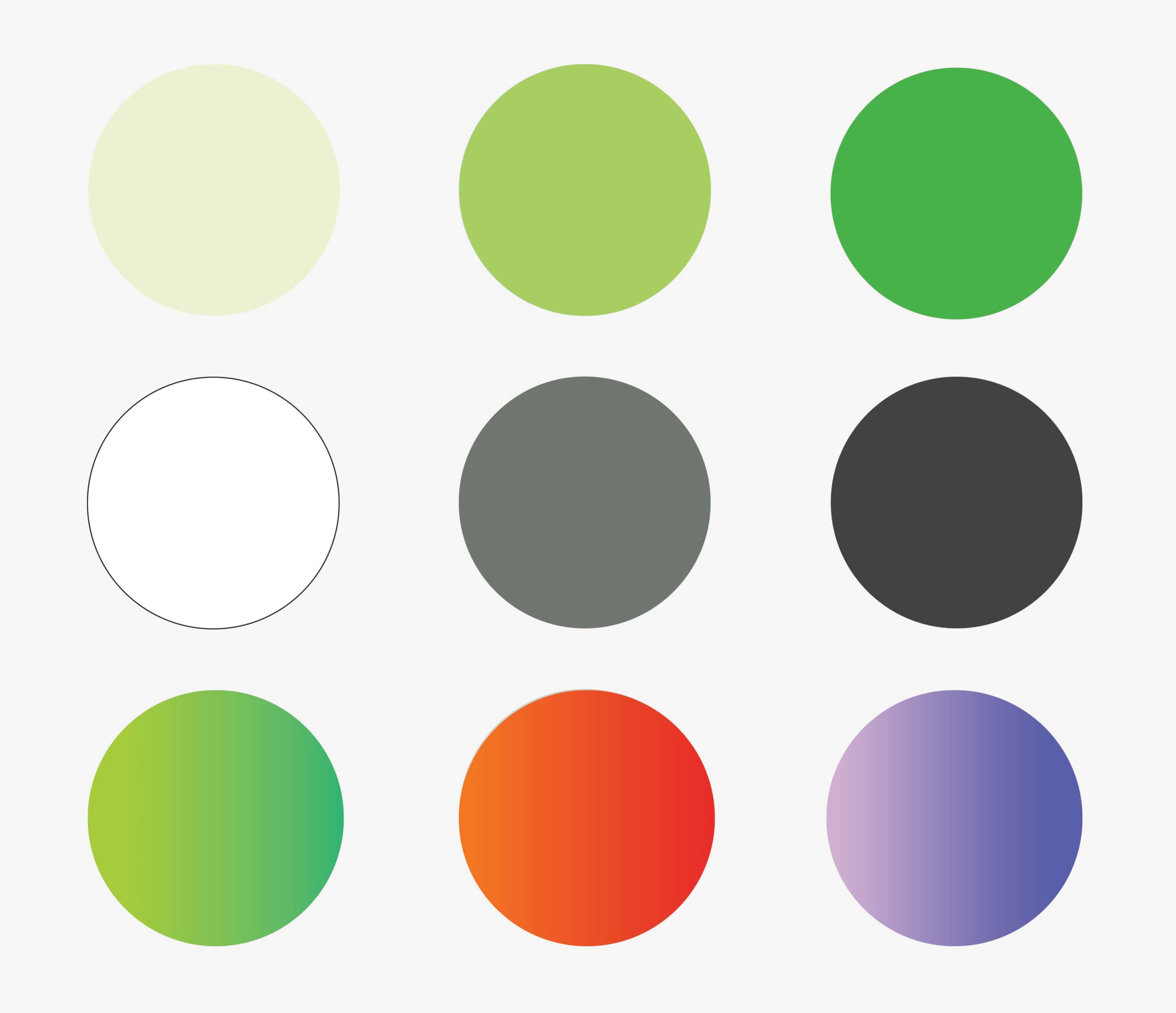A nine-swatch brand color palette for Cucamonga Station displayed as circles on a white ground, ranging from pale yellow-green and lime to vivid green, white, slate gray, charcoal, and gradient swatches in green-to-lime, orange-to-red, and lavender-to-periwinkle — illustrating RSM Design's branding and visual identity process for developing a cohesive, place-specific color system within the transit market