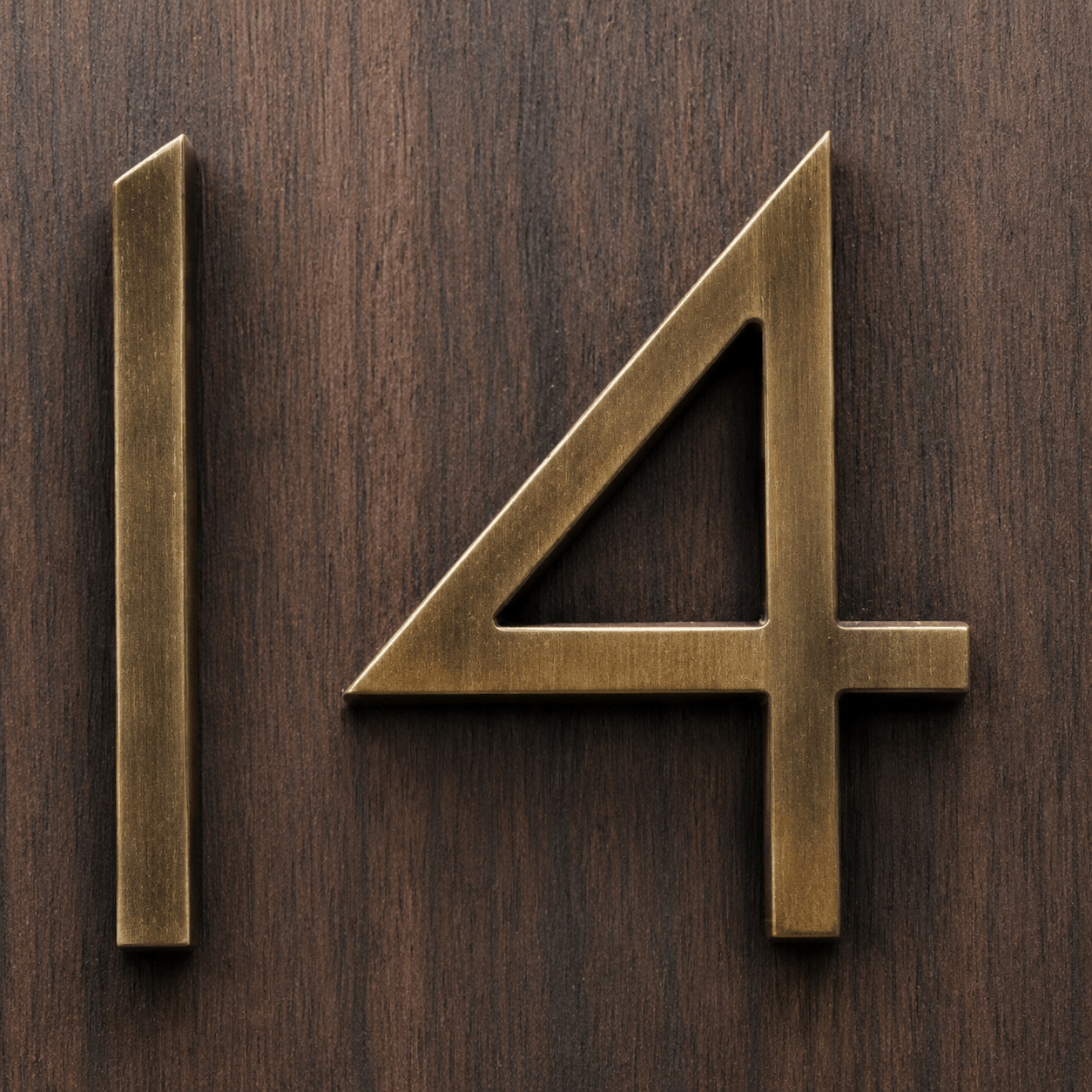 Close-up of a brushed brass number '14' mounted on a vertically grained wood panel.