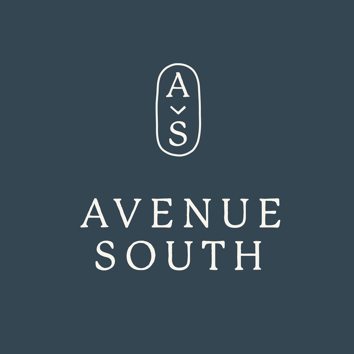 Avenue South logo and monogram in cream serif type on dark slate blue background, brand identity by RSM Design.