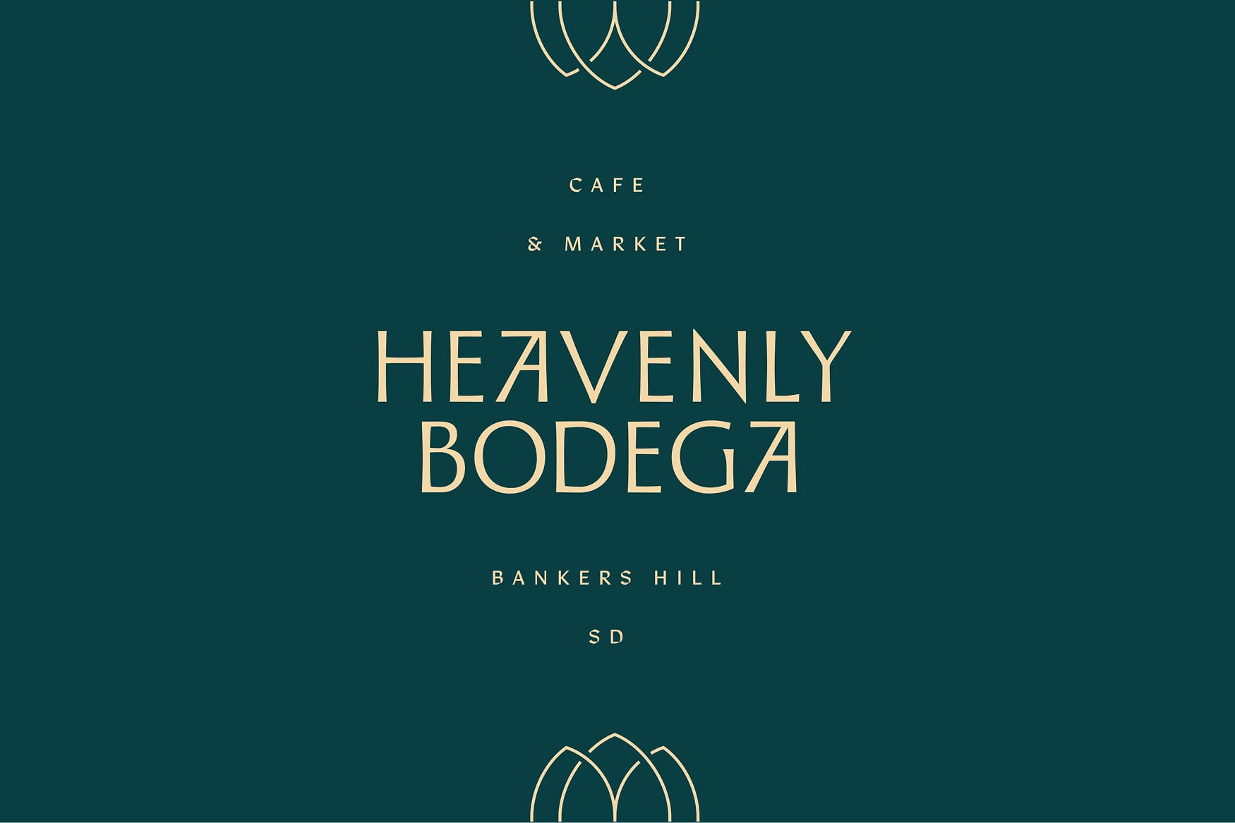 Heavenly Bodega brand identity graphic on a deep teal background. The wordmark "Heavenly Bodega" is set in large cream Art Deco-influenced typography, with "Cafe & Market" above and "Bankers Hill, SD" below in spaced serif capitals. A partial decorative arch emblem — reminiscent of overlapping petals or arches — appears at the top and bottom edges of the composition.