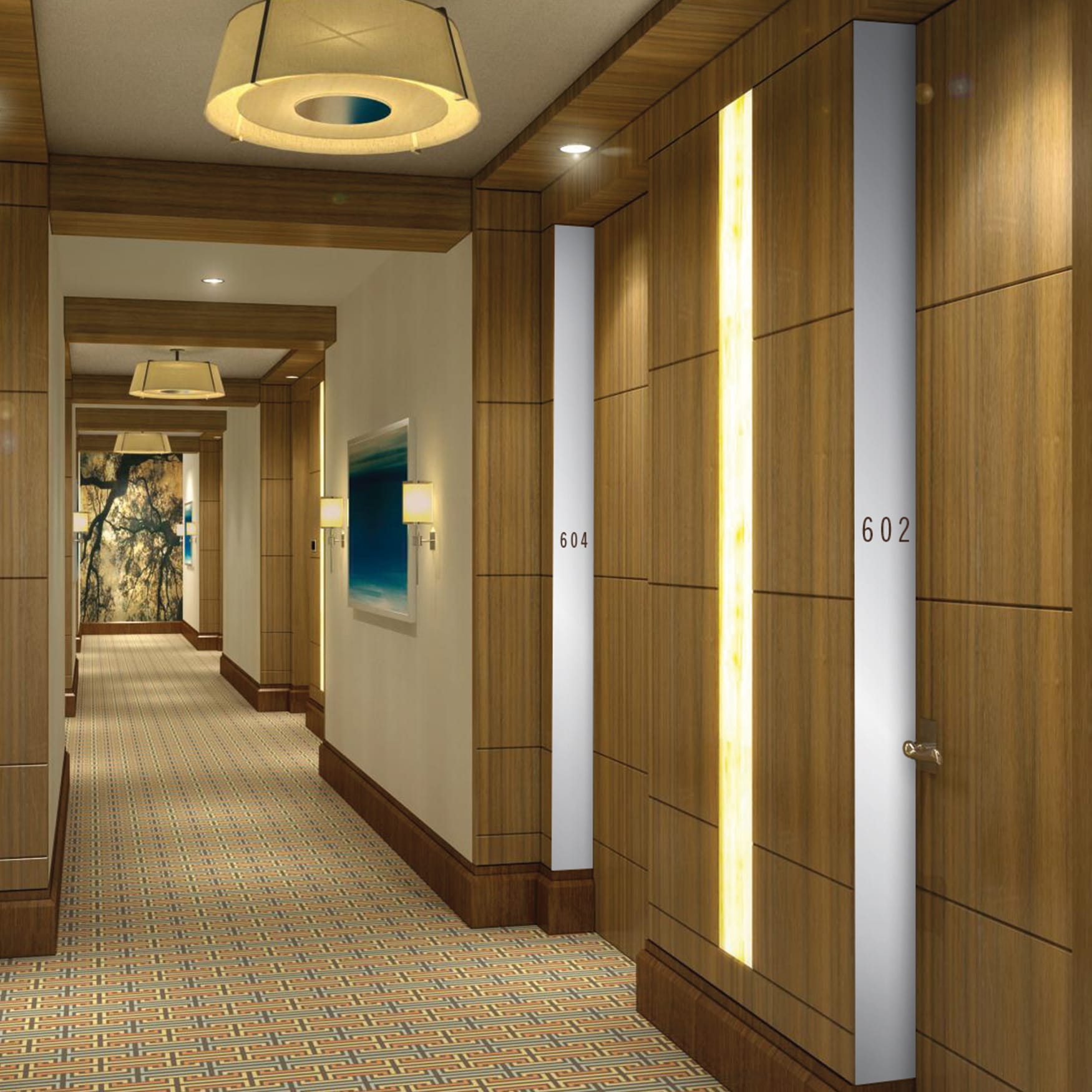 Modern hotel corridor featuring minimalist room number signage, warm wood paneling, integrated vertical lighting, contemporary artwork, and elegant hospitality interior design details.
