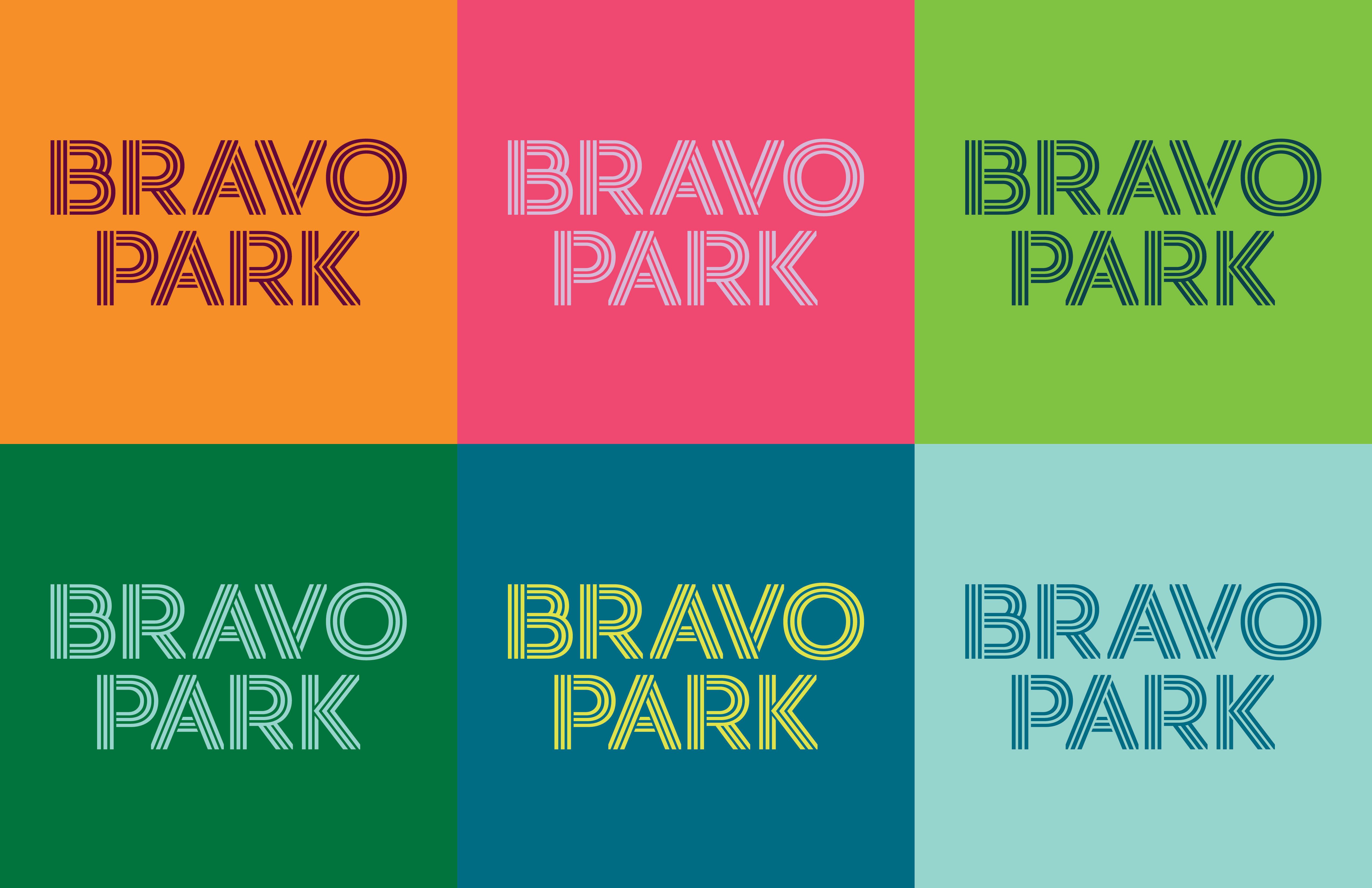RSM Design Bravo Park — brand identity colour palette showing Bravo Park logo in six bold colour combinations including orange, pink, green, teal, and light blue