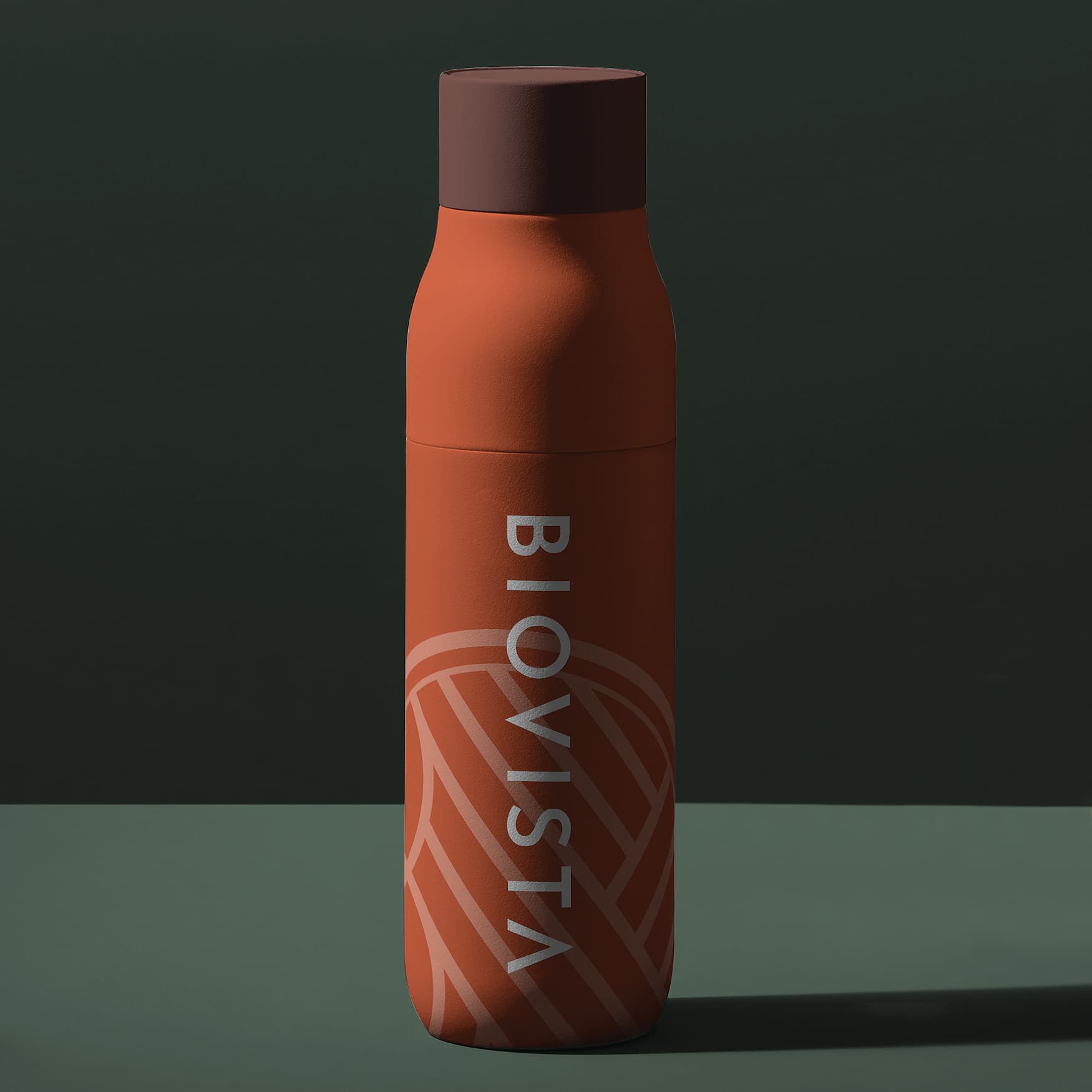 Mockup of a reusable water bottle with the BioVista wordmark and the icon logo large and behind the wordmark. Branding by RSM Design