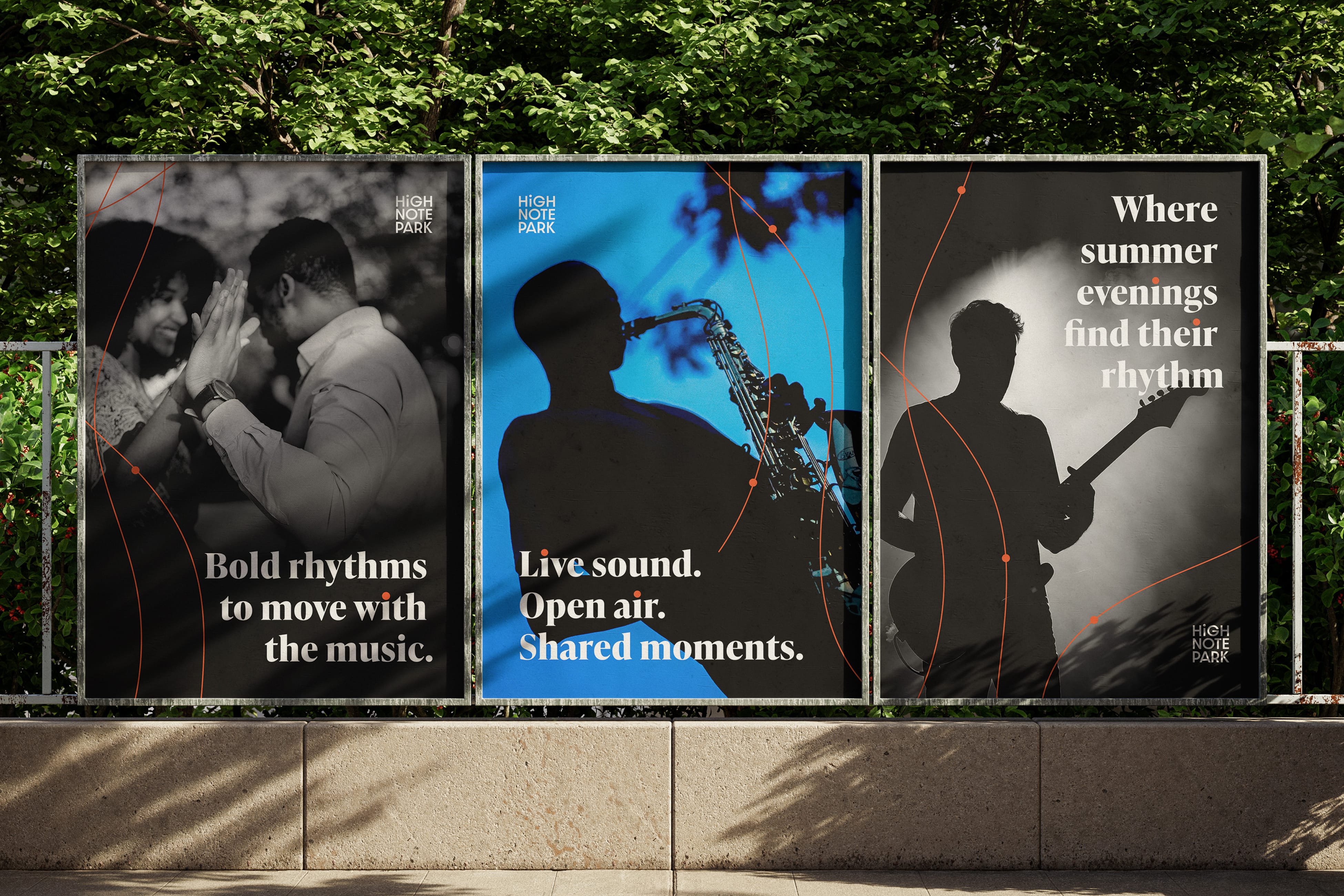 Three HighNote Park poster mockups on an outdoor wall lined with trees, featuring a black-and-white couple dancing with the line "Bold rhythms to move with the music," a saxophonist silhouetted against blue with "Live sound. Open air. Shared moments," and a guitarist silhouette reading "Where summer evenings find their rhythm" — brand campaign design by RSM Design.