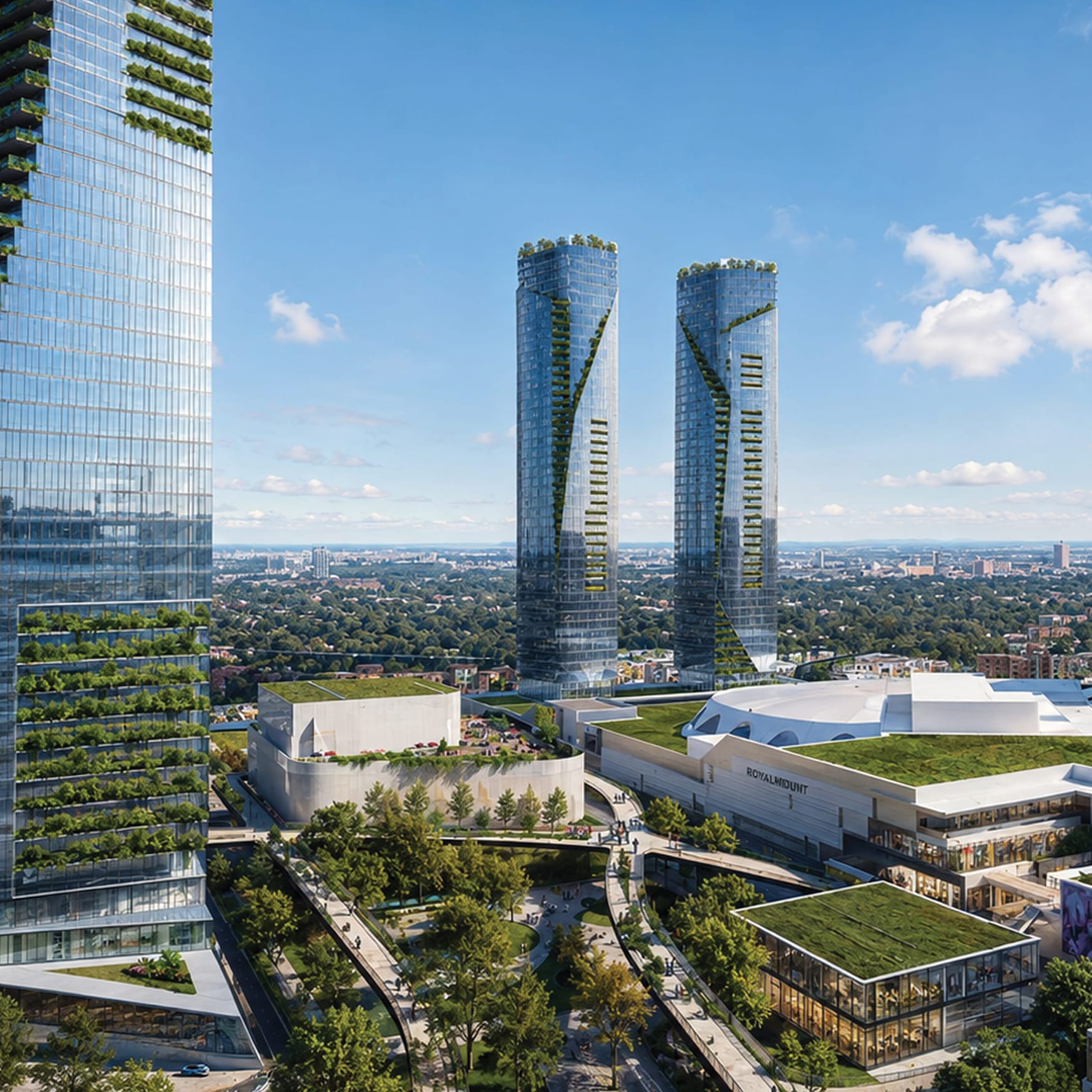 Aerial view of a modern mixed-use development in Canada featuring glass skyscrapers, landscaped green roofs, pedestrian plazas, and contemporary retail buildings surrounded by a city skyline.