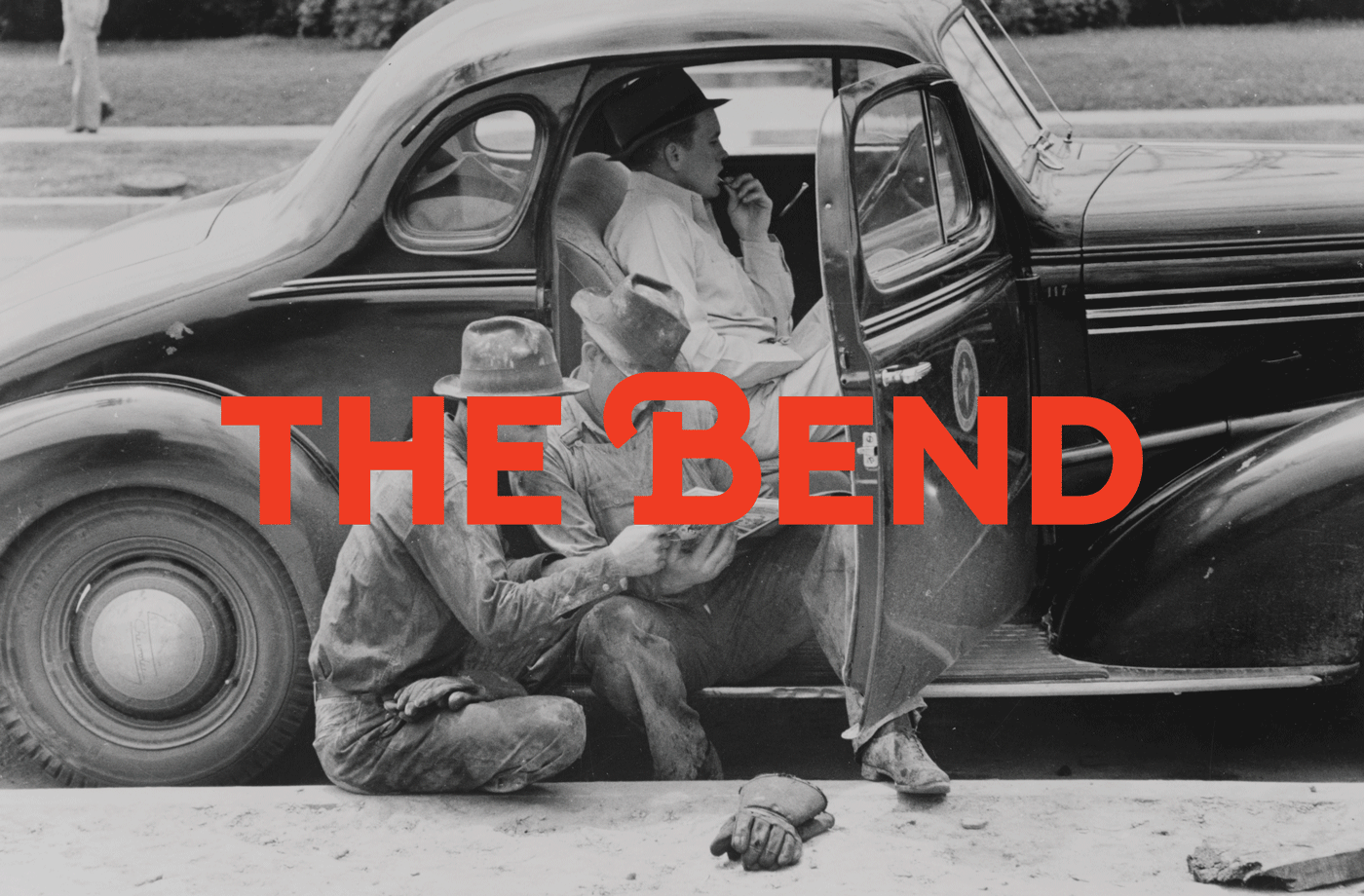 Animated GIF featuring historic black-and-white imagery of workers beside a vintage car with “The Bend” branding overlay, illustrating brand strategy, visual identity design, and storytelling for The Bend HTX mixed-use retail and entertainment destination.
