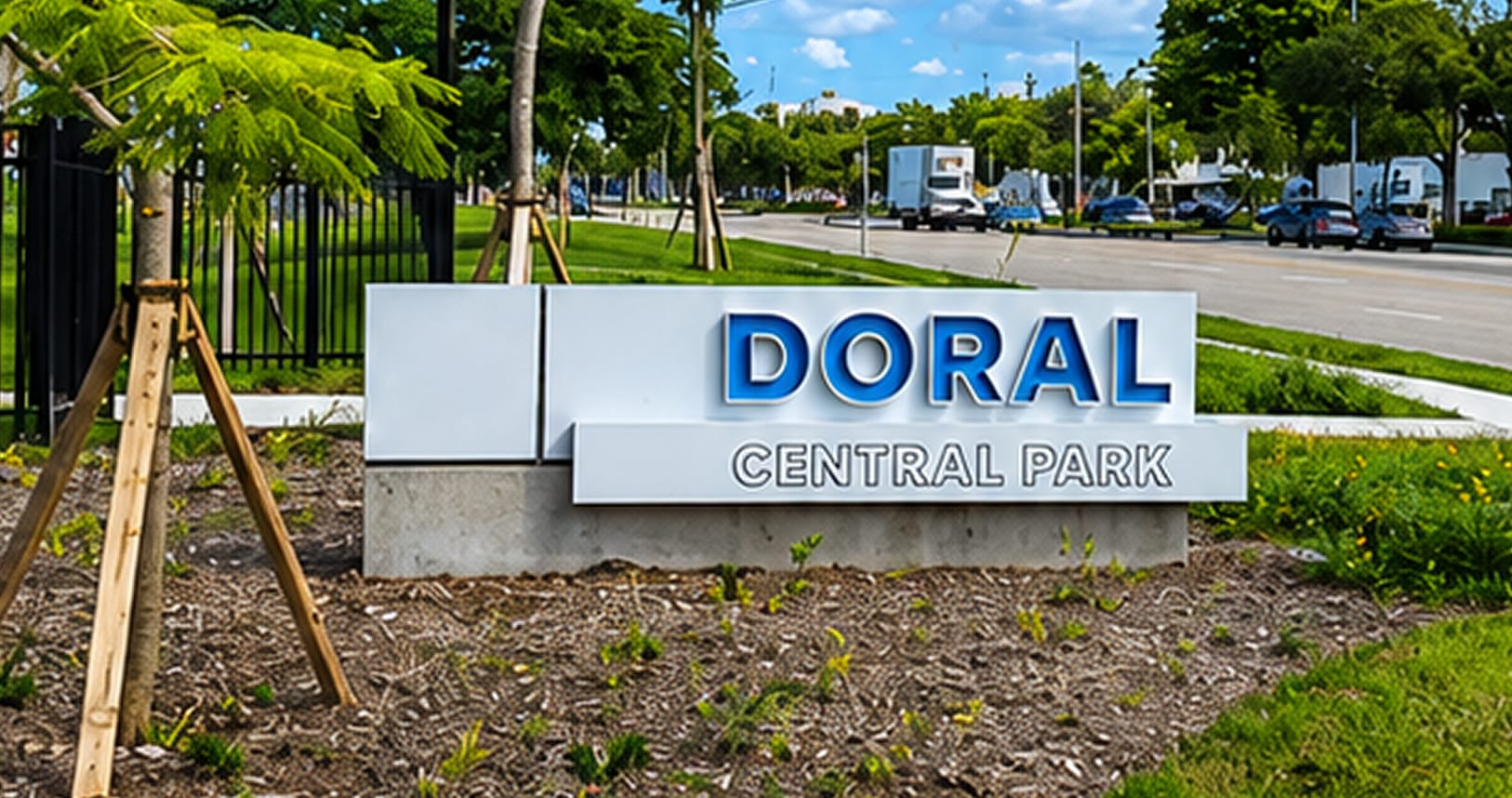 Doral Central Park roadside entry monument with illuminated dimensional lettering — environmental graphic design by RSM Design