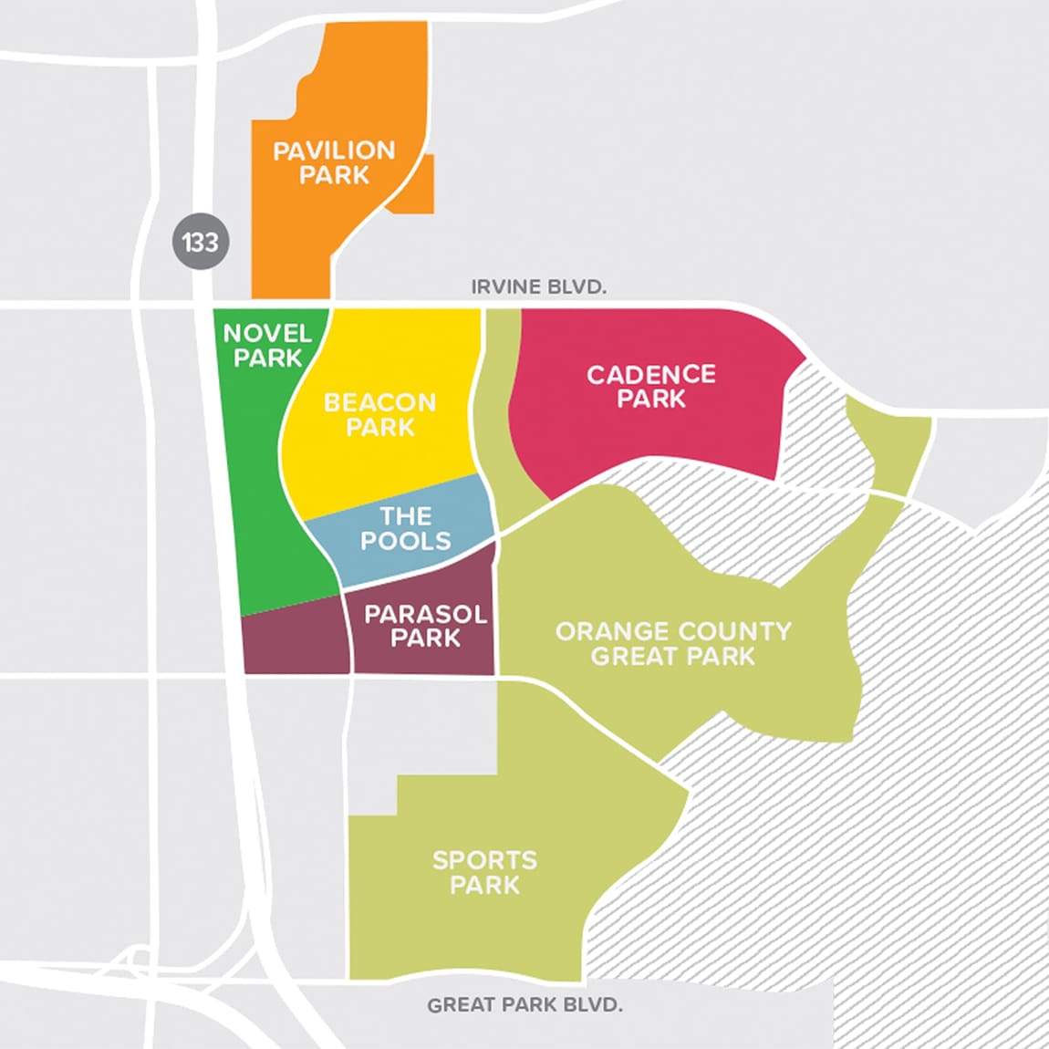 Color-coded district map of Orange County Great Park neighborhoods in Irvine, California, including Pavilion Park, Novel Park, Beacon Park, Cadence Park, The Pools, Parasol Park, and Sports Park, designed by RSM Design
