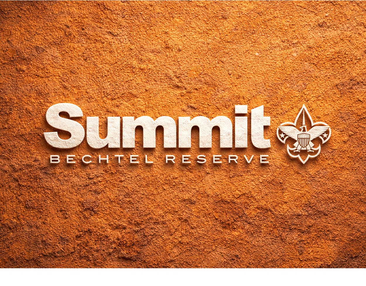 Summit Bechtel Reserve logo with Boy Scouts of America fleur-de-lis emblem on textured terra cotta background, brand identity and environmental graphic design by RSM Design