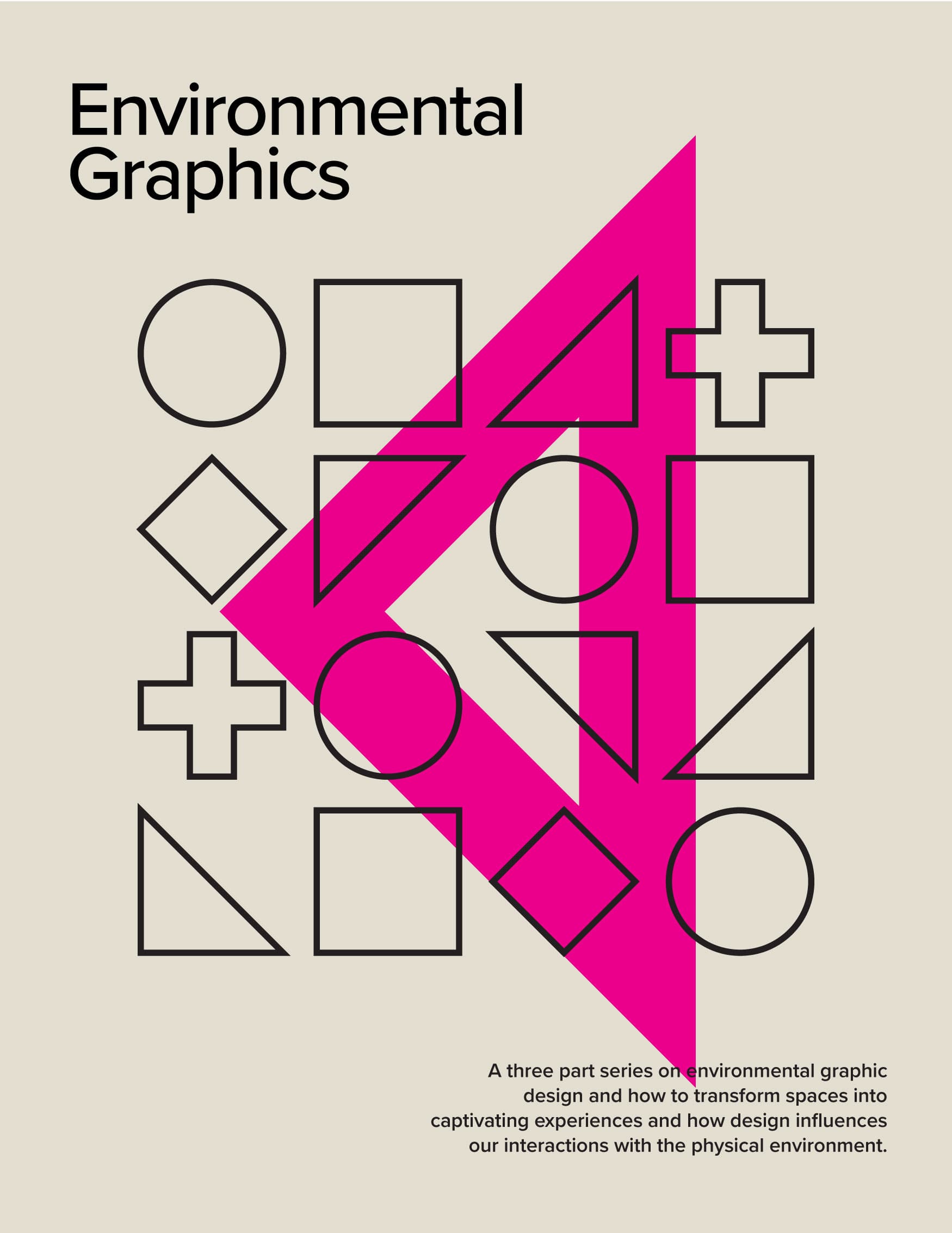 Environmental Graphic Design cover graphics for article series with linework shapes in grid format with one large magenta triangle in the background.