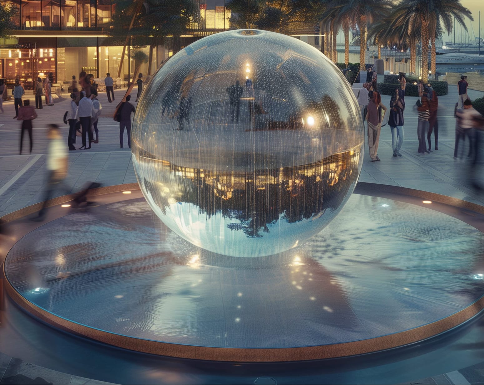 RSM Design Ramhan Island Marina Abu Dhabi — illuminated reflective sphere water feature at dusk with activated waterfront plaza, palm trees, and marina views in the background