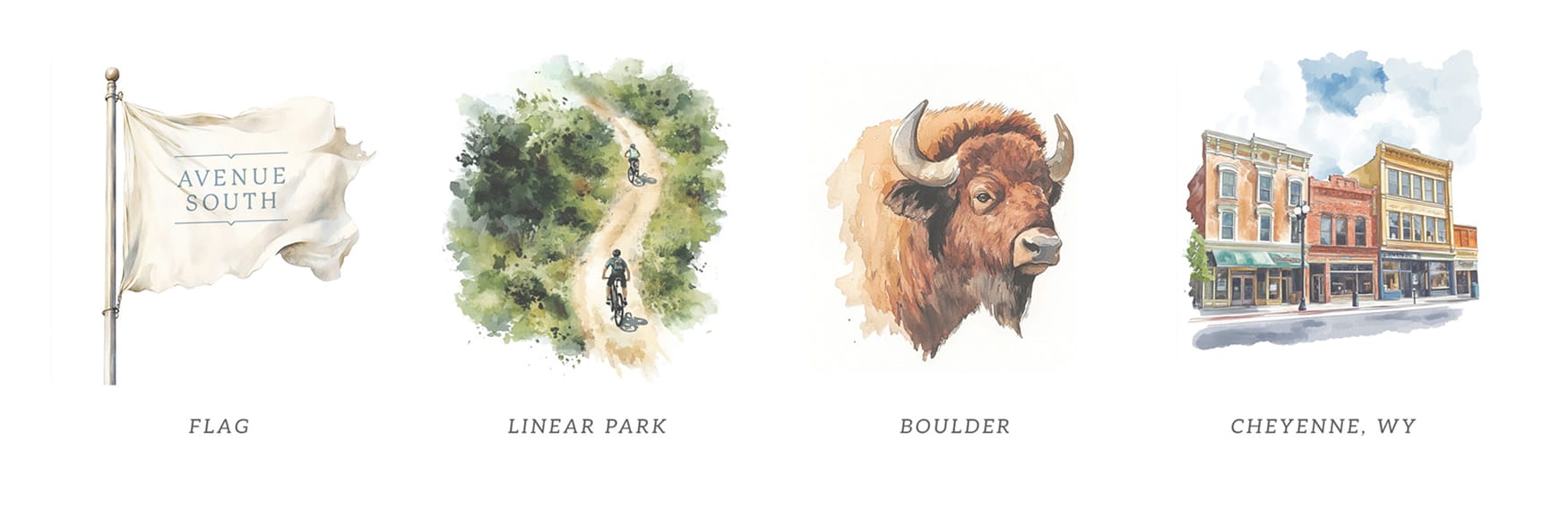 Watercolor illustrations of an Avenue South flag, cyclists on a wooded linear park path, a bison, and a Cheyenne, Wyoming main street storefront, brand identity illustration by RSM Design.
