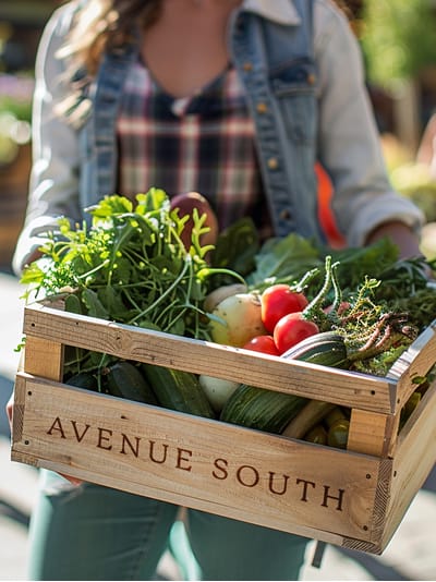 Woman carrying wooden crate engraved with "Avenue South" filled with fresh vegetables and herbs, brand identity by RSM Design.