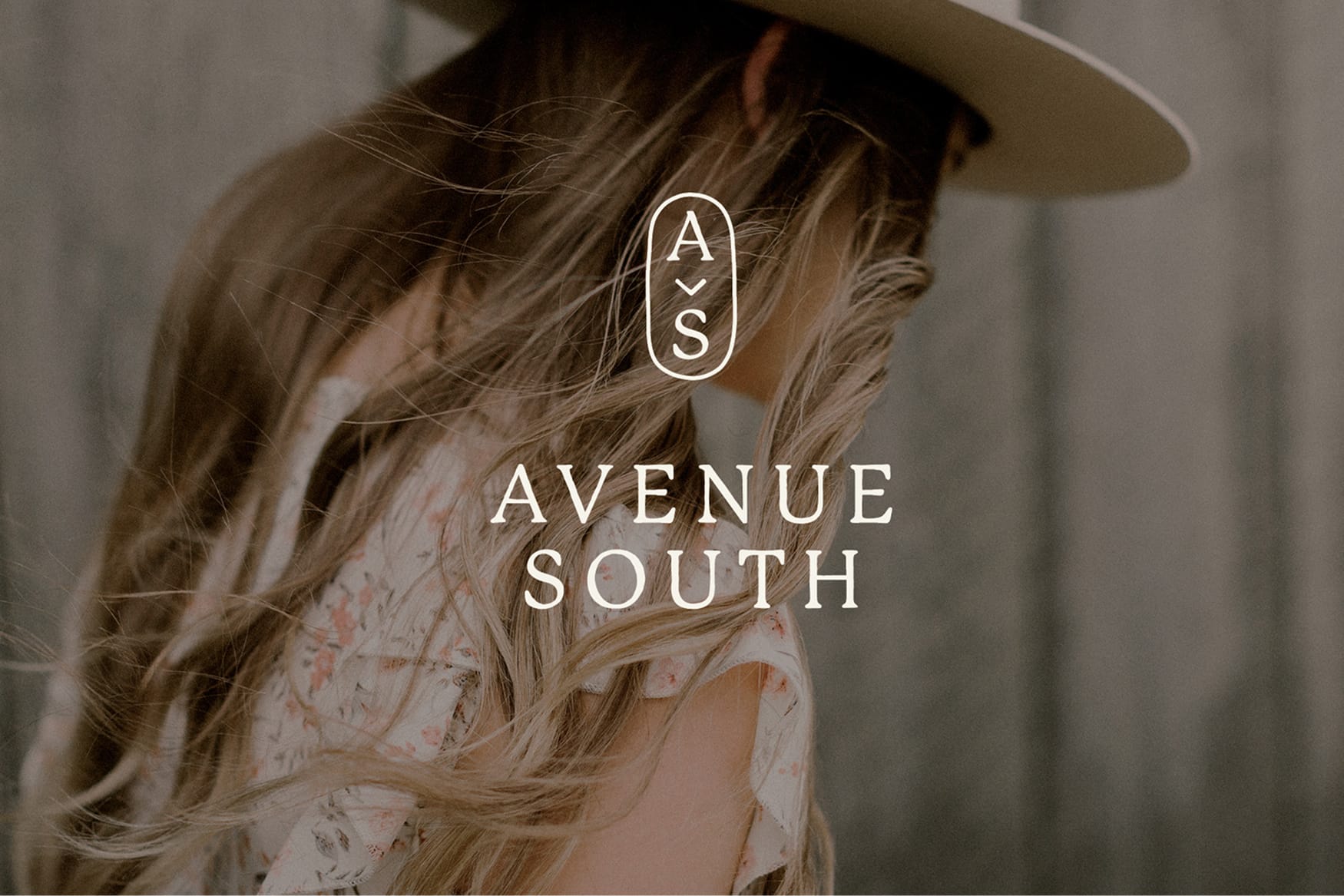 Avenue South brand identity logo and monogram overlaid on windswept model in wide-brim hat and floral dress, brand identity by RSM Design.