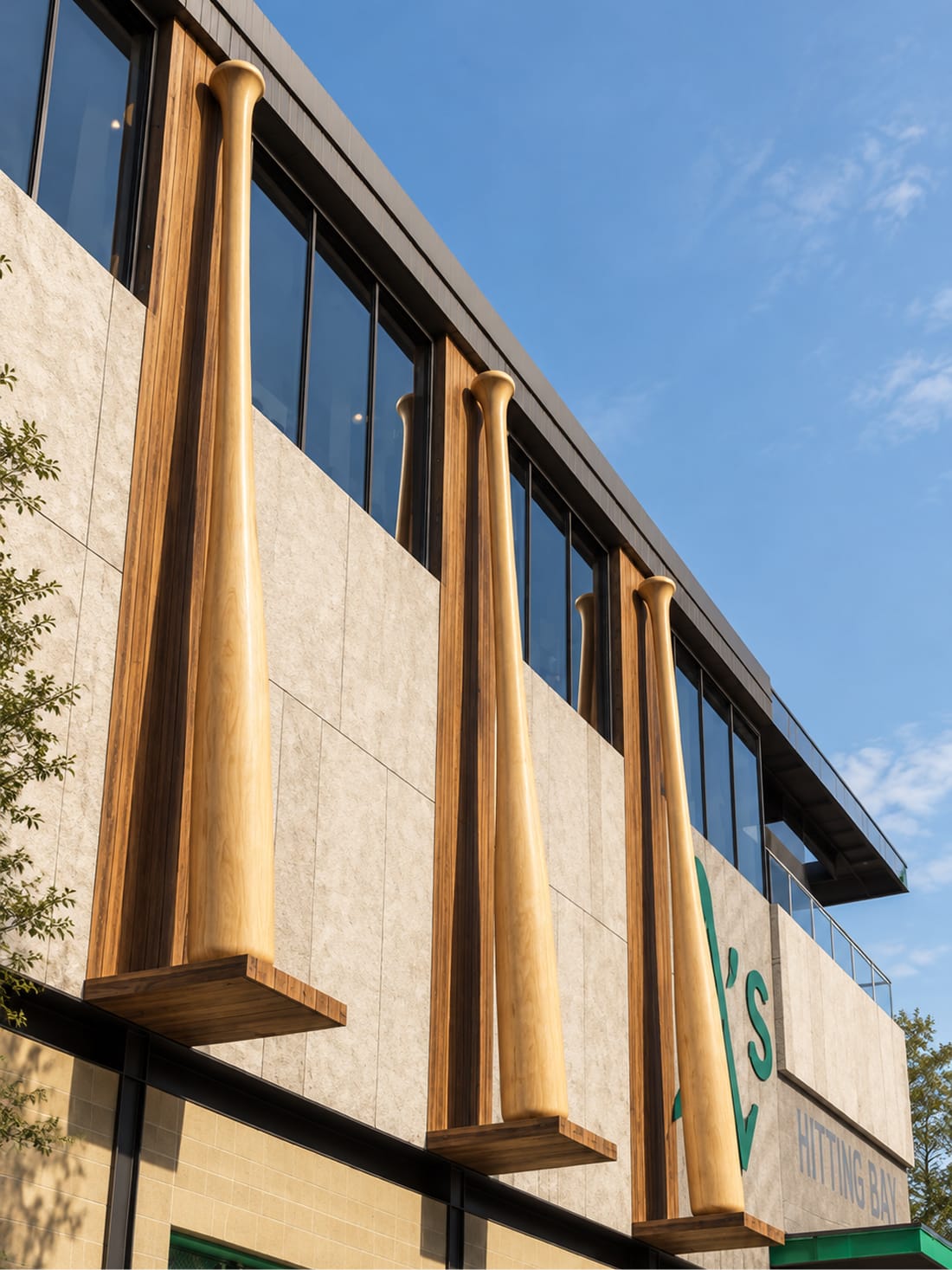Oversized wooden baseball bat sculptures mounted on wood-clad pilasters along the stone facade of the A’s Hitting Bay batting facility, in warm afternoon light, Hylo Park, Las Vegas, environmental graphic design by RSM Design.