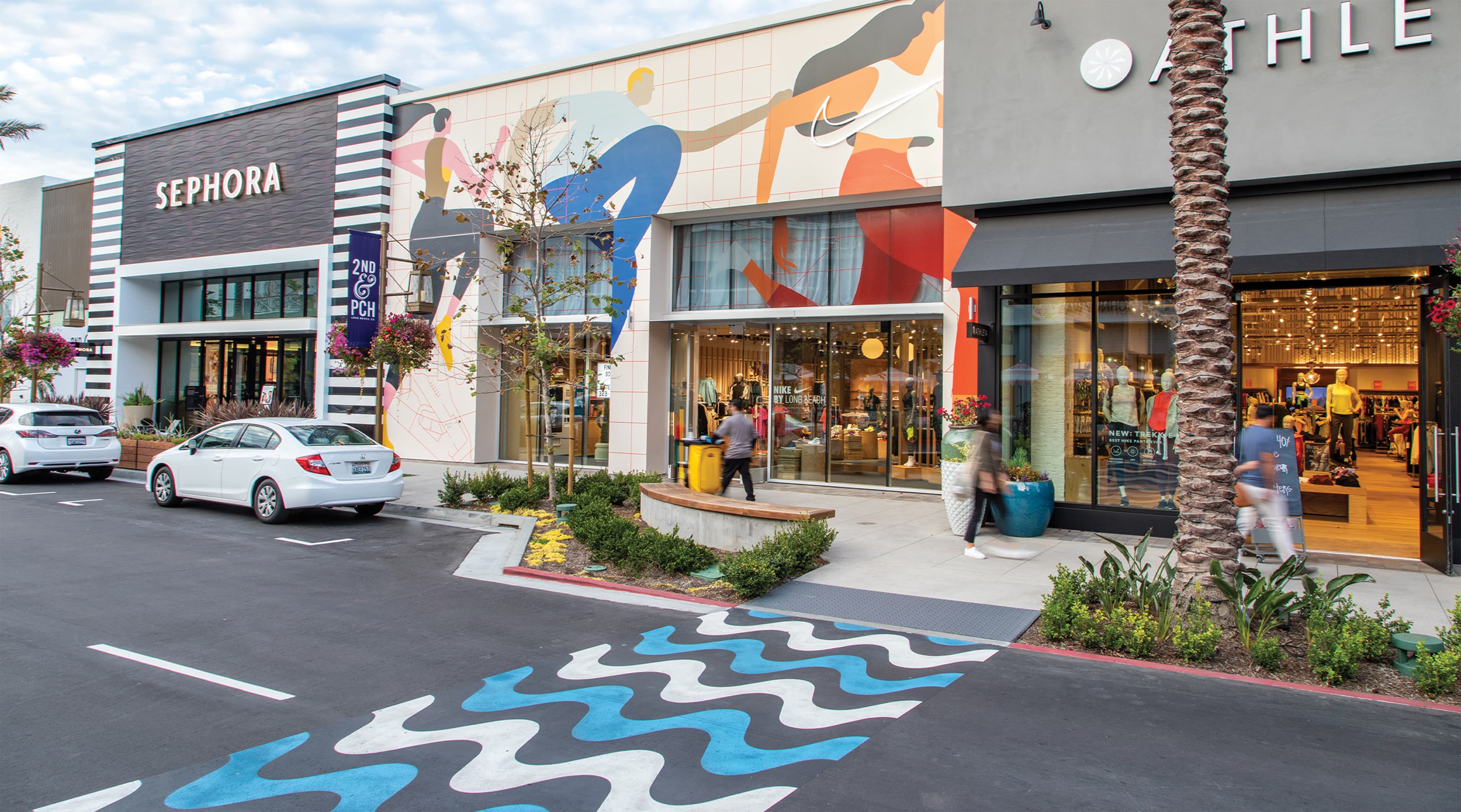 2nd & PCH storefront mural design and custom crosswalk esign