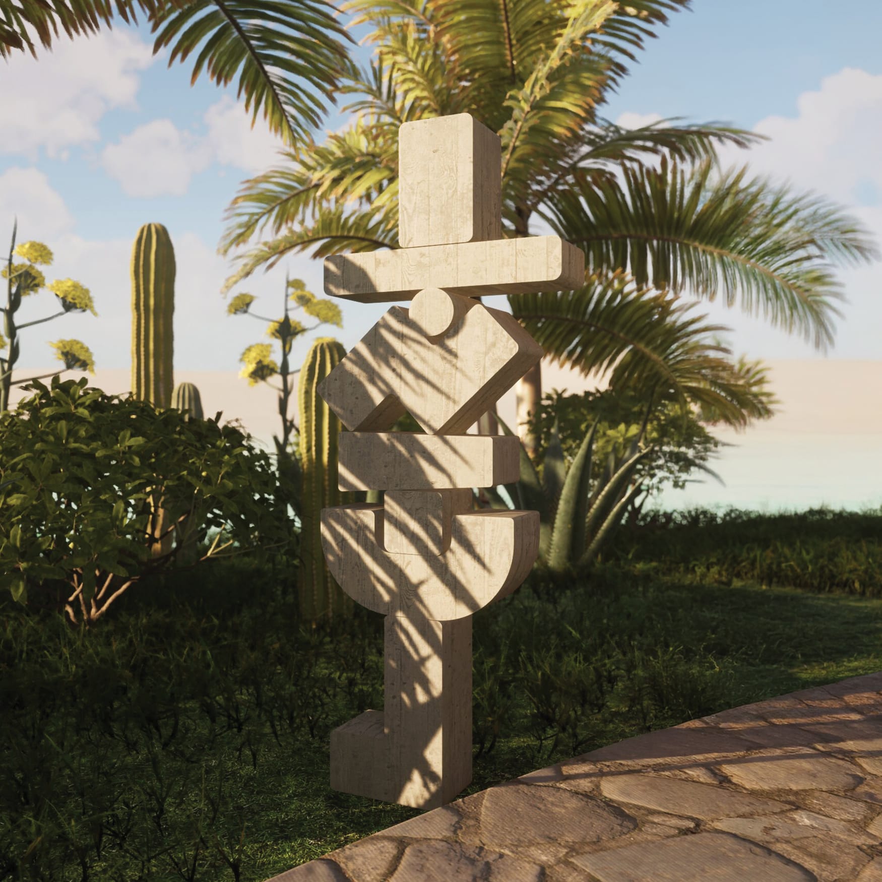 Modern abstract stone sculpture in a tropical landscape with palm trees, desert plants, and warm sunlight casting shadows across the geometric artwork.