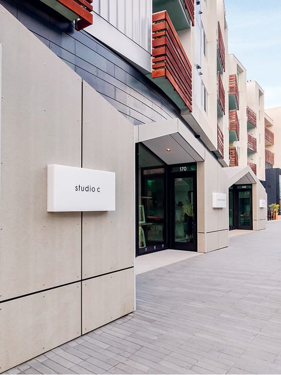 Studio C storefront signage at Runway Playa Vista in Los Angeles, part of the environmental graphics and retail signage program designed by RSM Design.