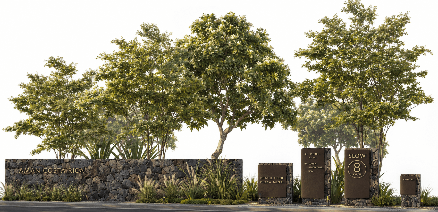 Rendering of a stone entrance wall reading 'Aman Costa Rica' alongside a series of stone wayfinding markers labeled 'Beach Club Playa Minas,' directional signage, and a 'Slow, 8 km/h' speed sign, set among illustrated trees and tropical foliage against a white background.