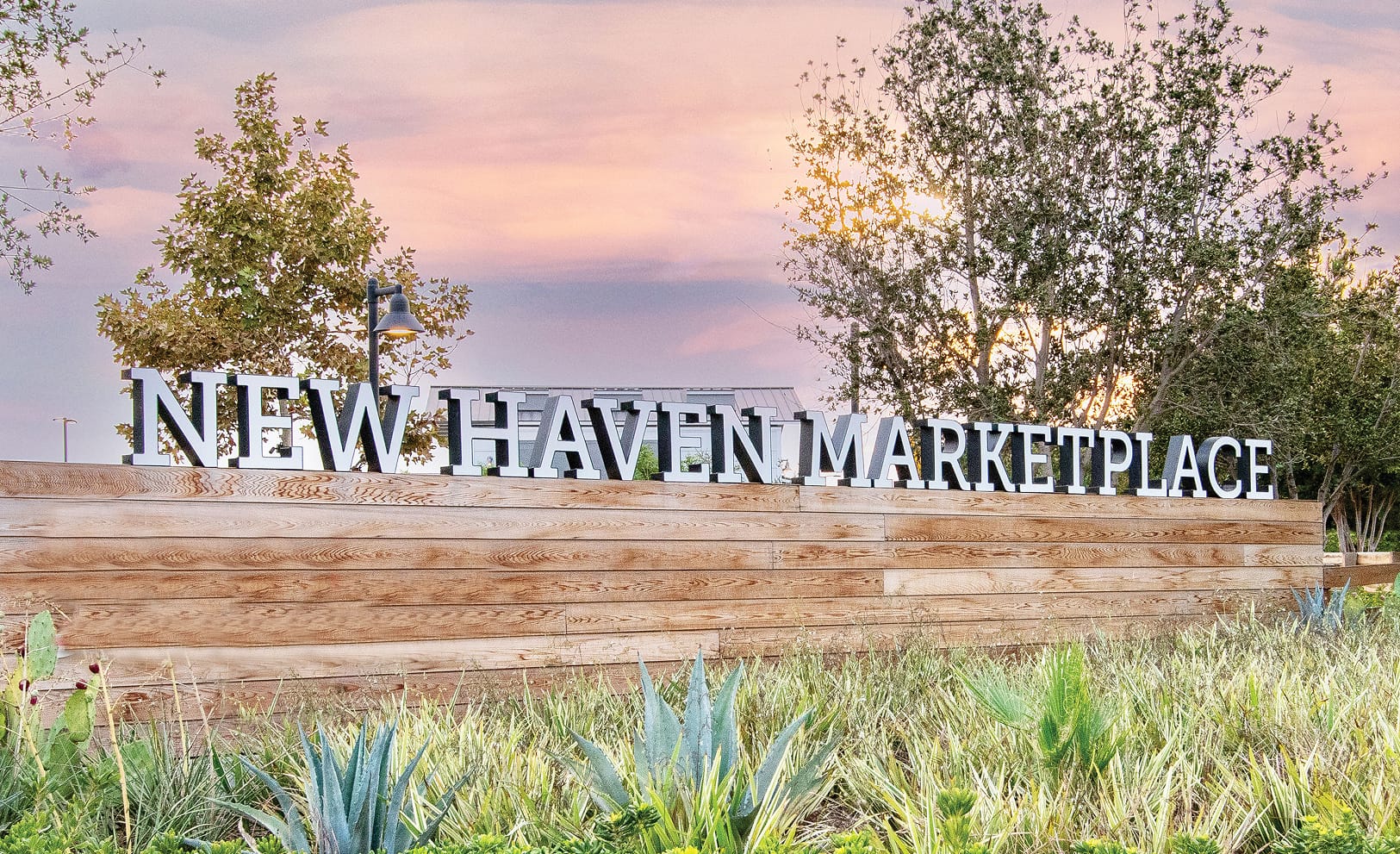 Dimensional 'New Haven Marketplace' letters mounted atop a wood-plank monument wall, surrounded by agave and desert grasses, with trees and a pastel sunset sky in the background.