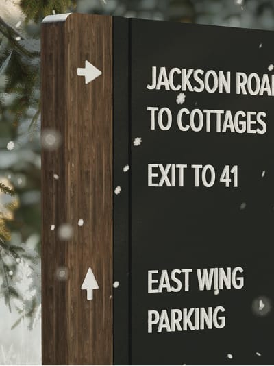 Close-up of Tenaya at Yosemite vehicular wayfinding sign directing to Jackson Road to Cottages, Exit to 41, and East Wing Parking, in a winter snowfall setting