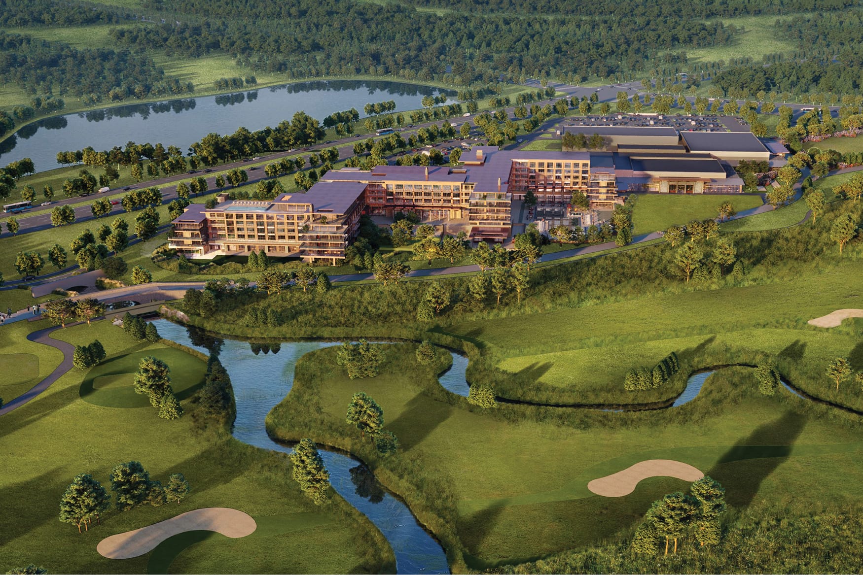 Aerial rendering of Omni hotel resort and golf course with winding creek, sand traps, and lush greenery