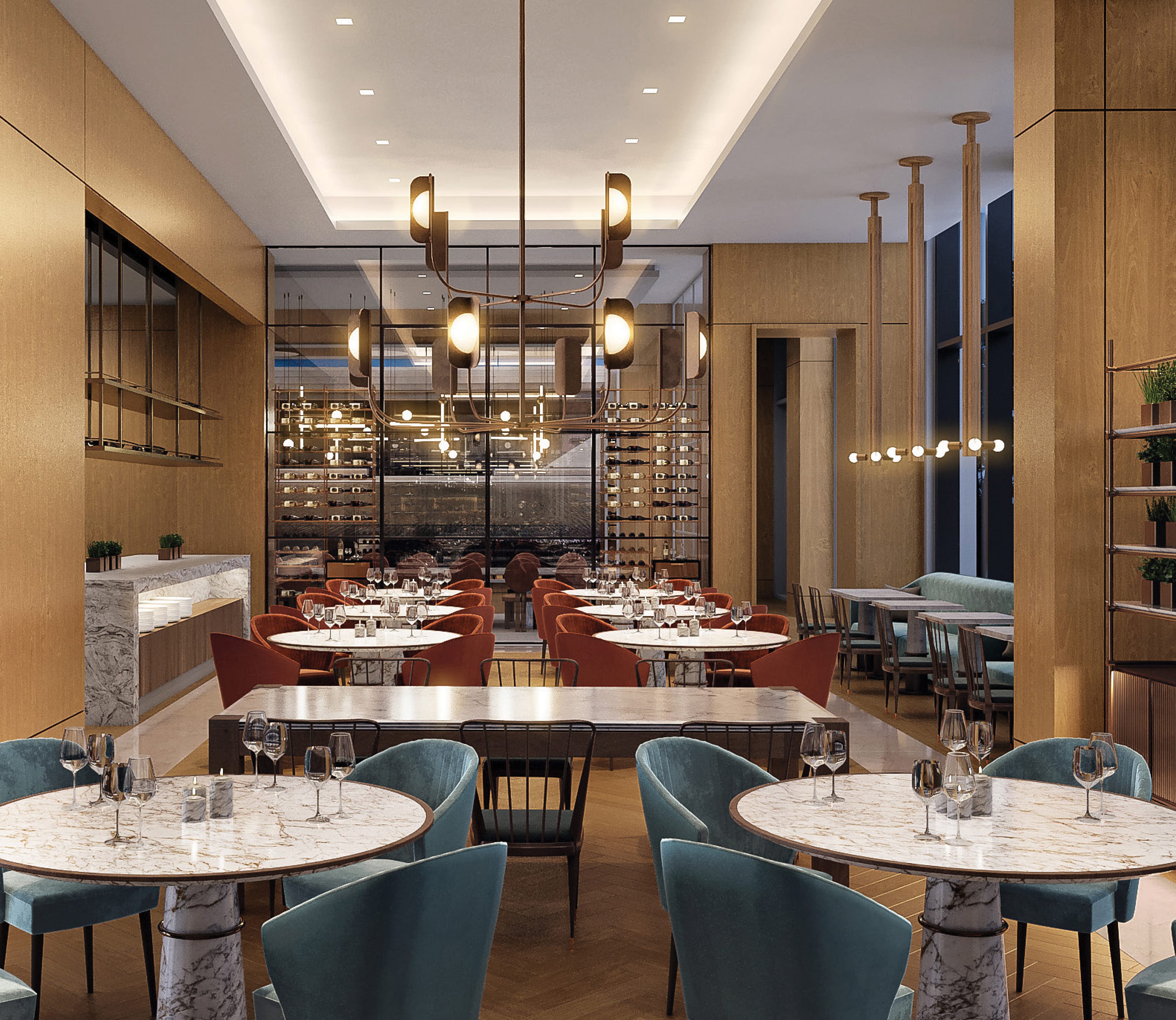 Emilio's restaurant interior at The Crescent Hotel featuring marble-top dining tables, teal and terracotta velvet chairs, floor-to-ceiling wine wall, warm wood paneling, and sculptural brass pendant lighting in an upscale hotel dining room