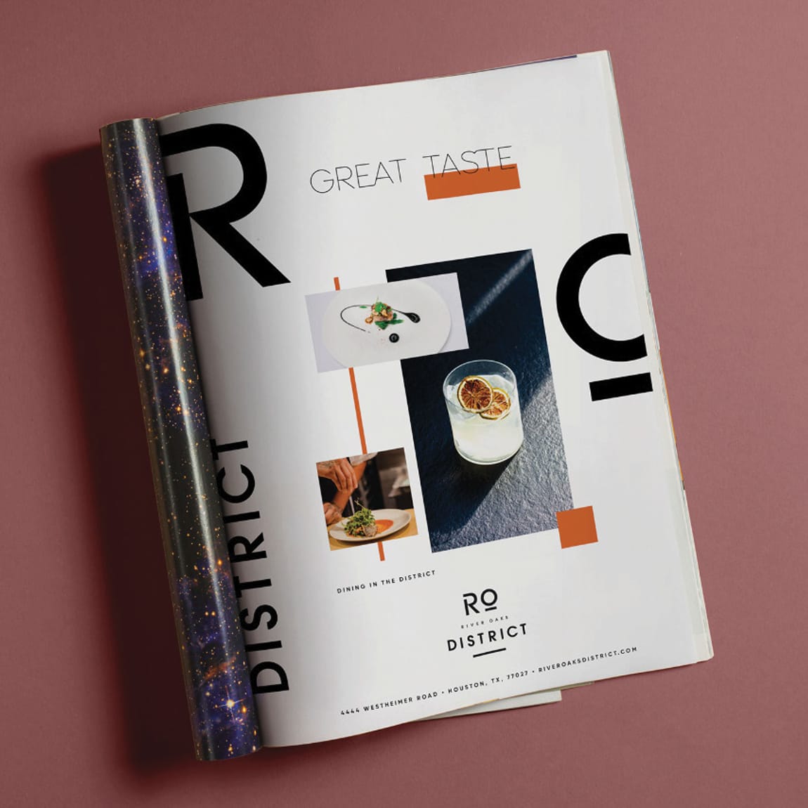River Oaks District Houston print magazine ad featuring dining photography and typography, brand identity design by RSM Design