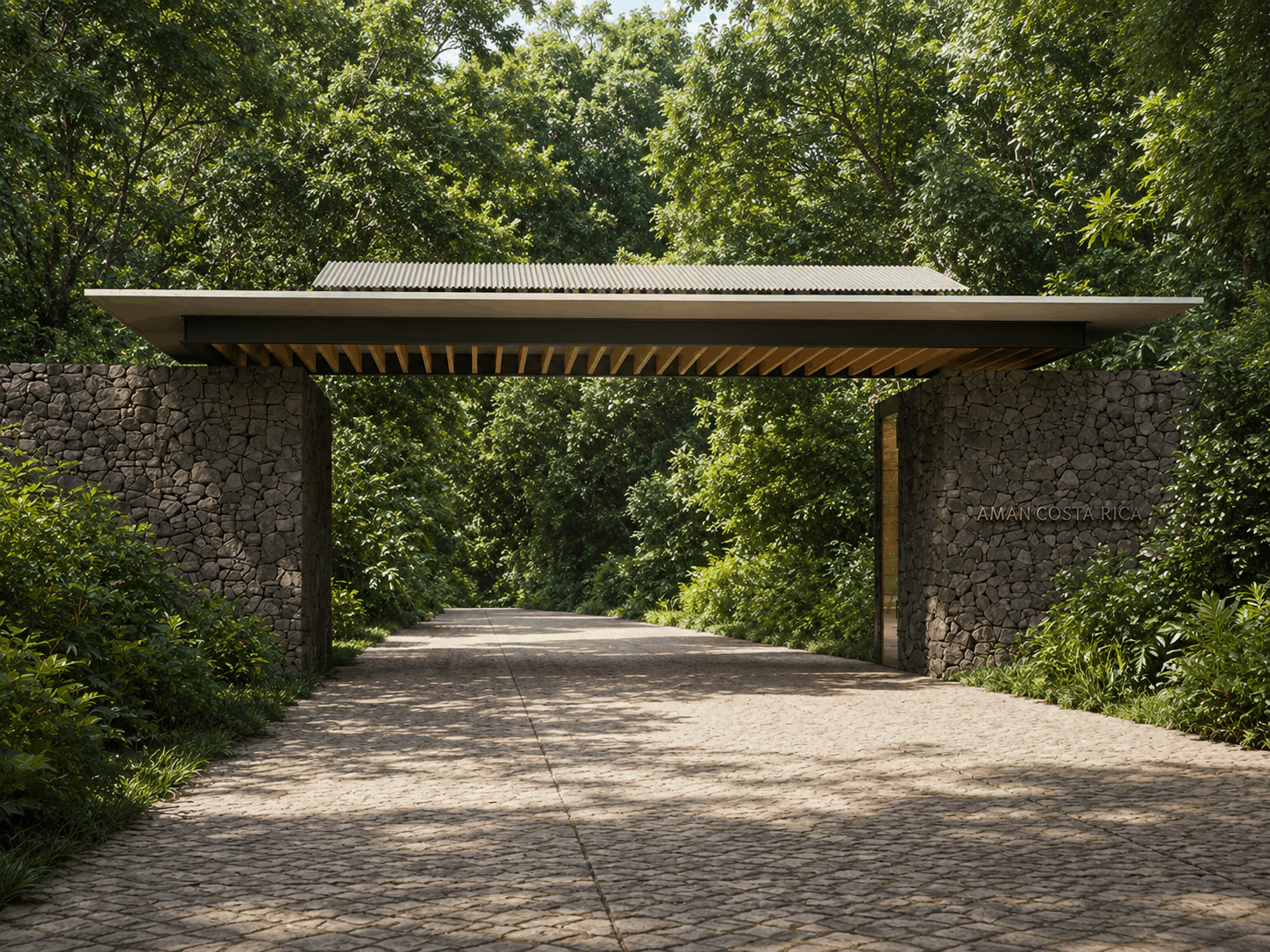 Rendering of an entrance canopy with a slatted wood underside and metal roof spanning between two stone pillars reading 'Aman Costa Rica,' set over a paved driveway surrounded by dense forest.