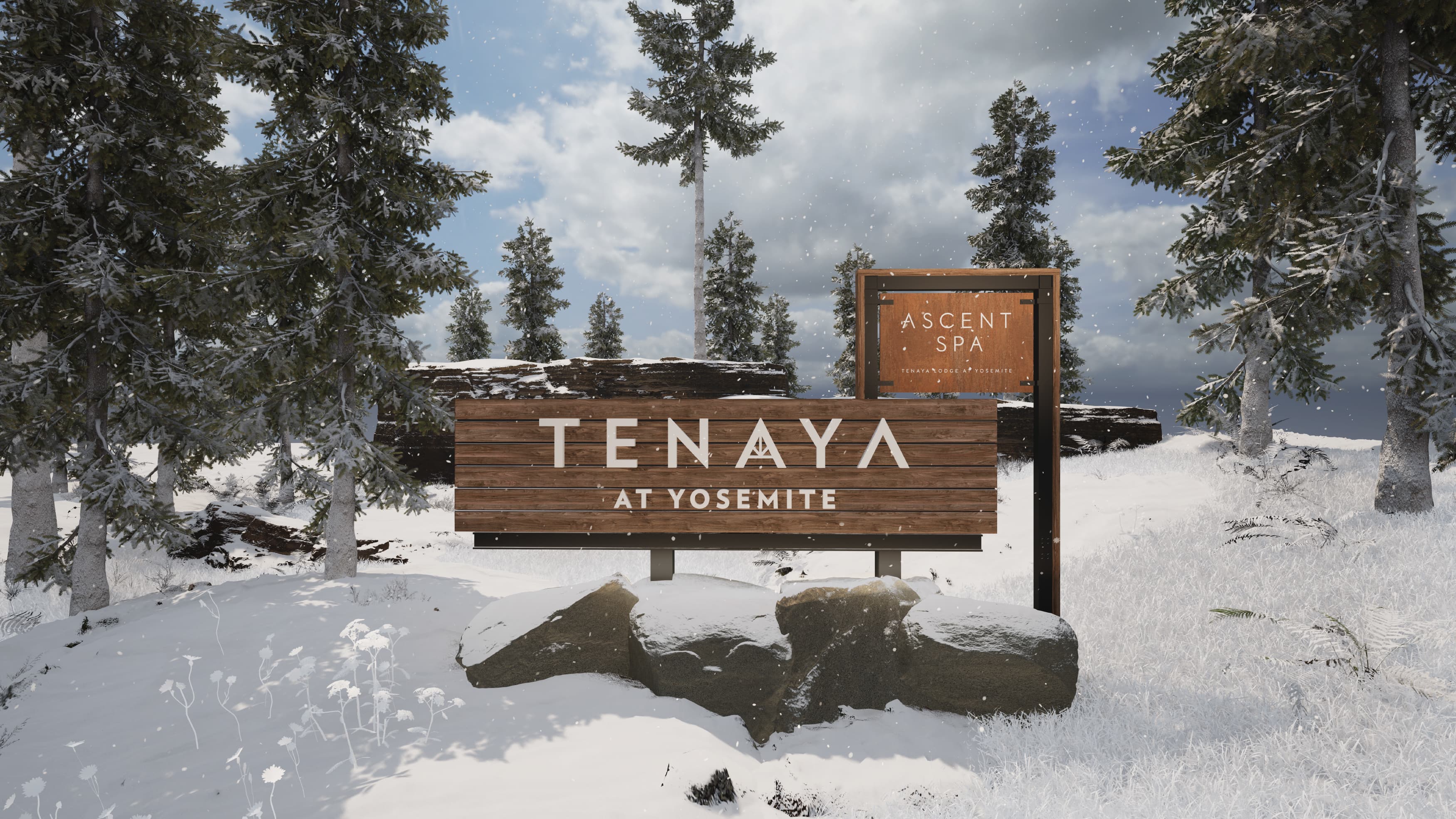 Image of the master sign at the entrance to Tenaya at Yosemite, designed by RSM Design