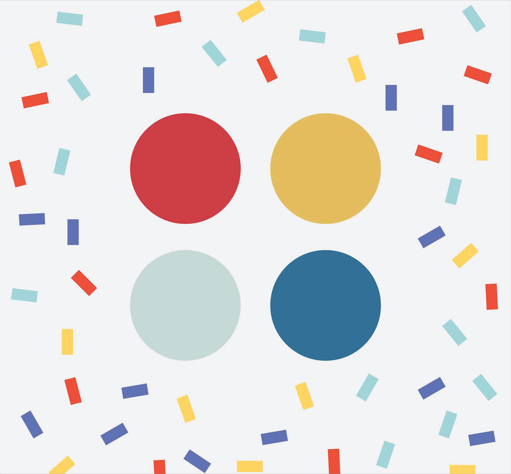 The Balboa Fun Zone brand color palette displayed as four circles in carnival red, golden yellow, seafoam mist, and ocean blue, surrounded by scattered confetti shapes in the same hues — illustrating RSM Design's branding and visual identity process for developing a playful, place-specific color system that captures the nostalgic coastal spirit of the waterfront and mixed-use markets
